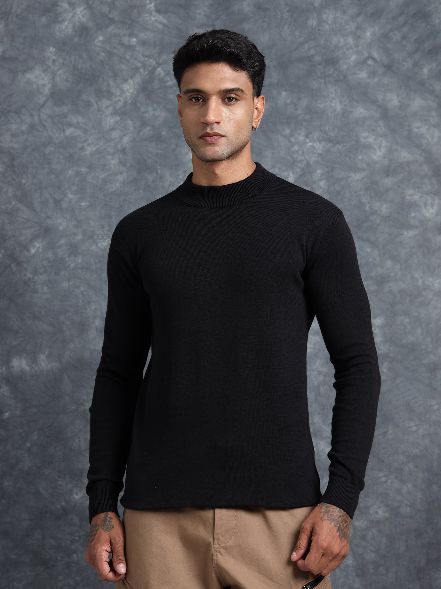 Black Cotton Knitted Full Sleeve Knitted T-Shirt