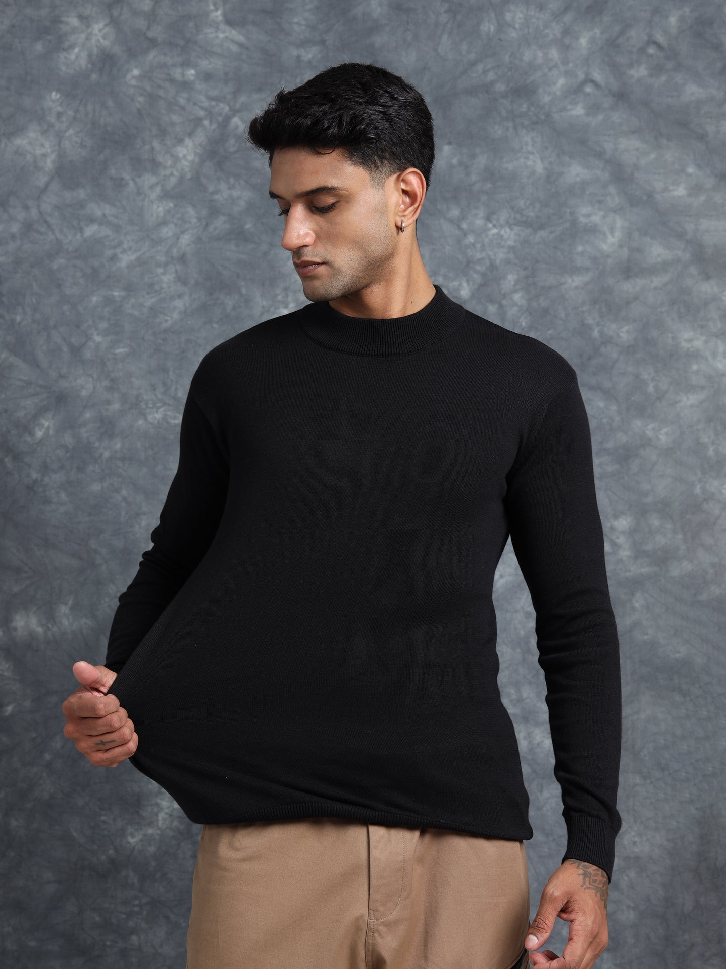 Black Cotton Knitted Full Sleeve Knitted T-Shirt
