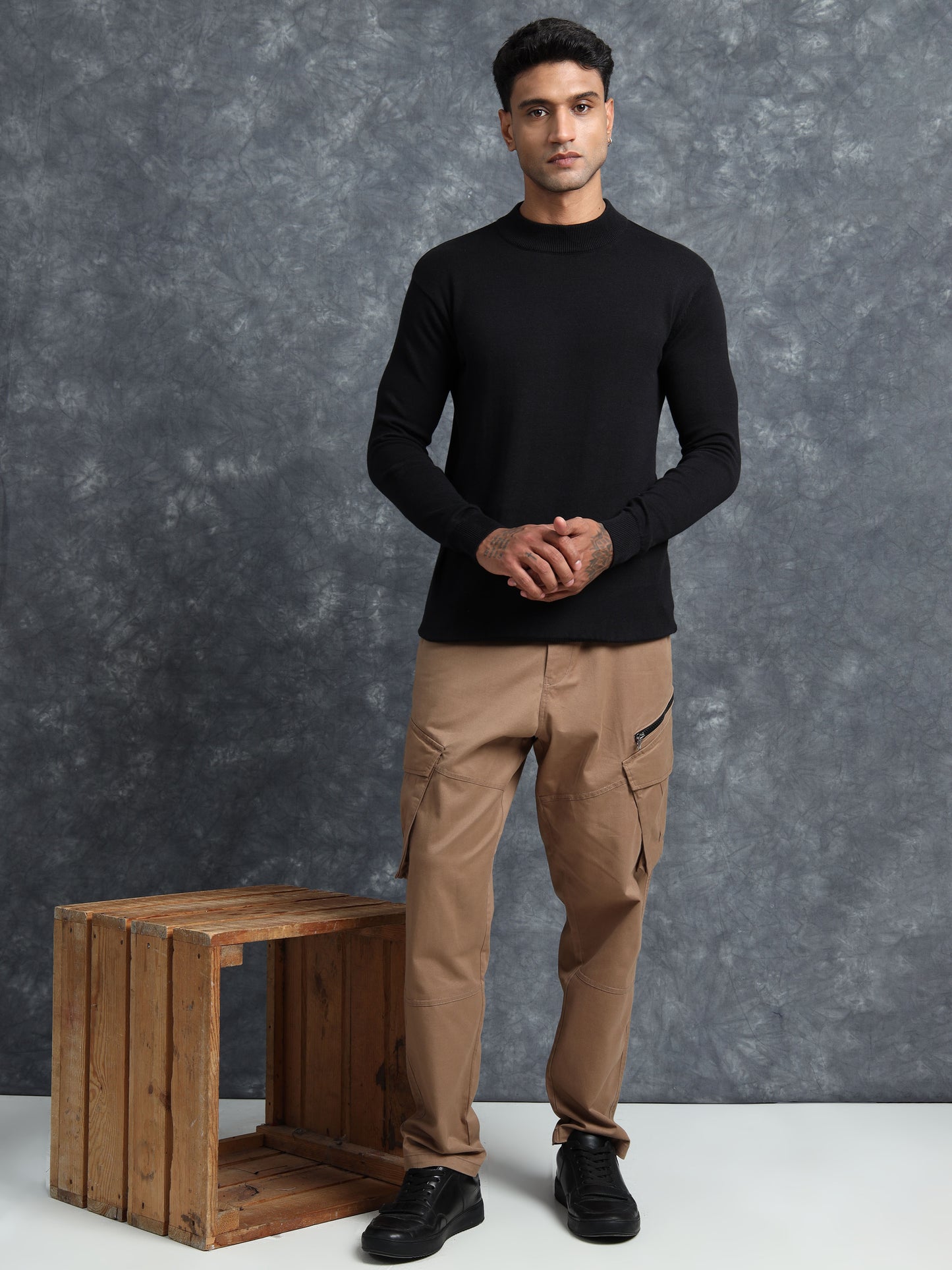 Black Cotton Knitted Full Sleeve Knitted T-Shirt