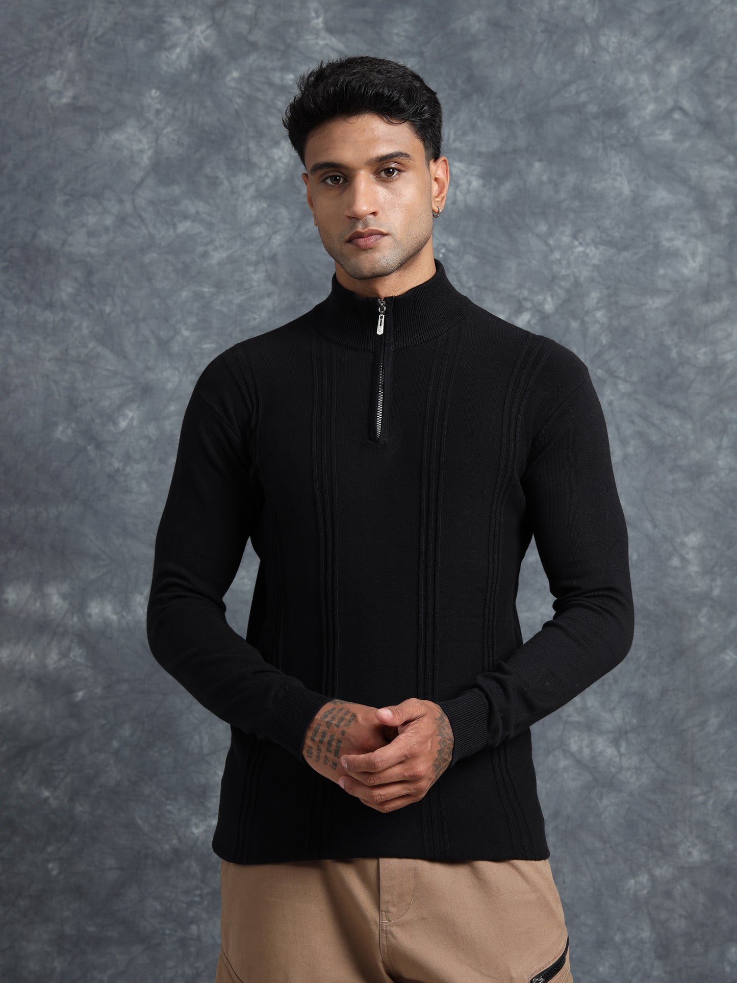 Black Zipper Full Sleeve Knitted T-Shirt