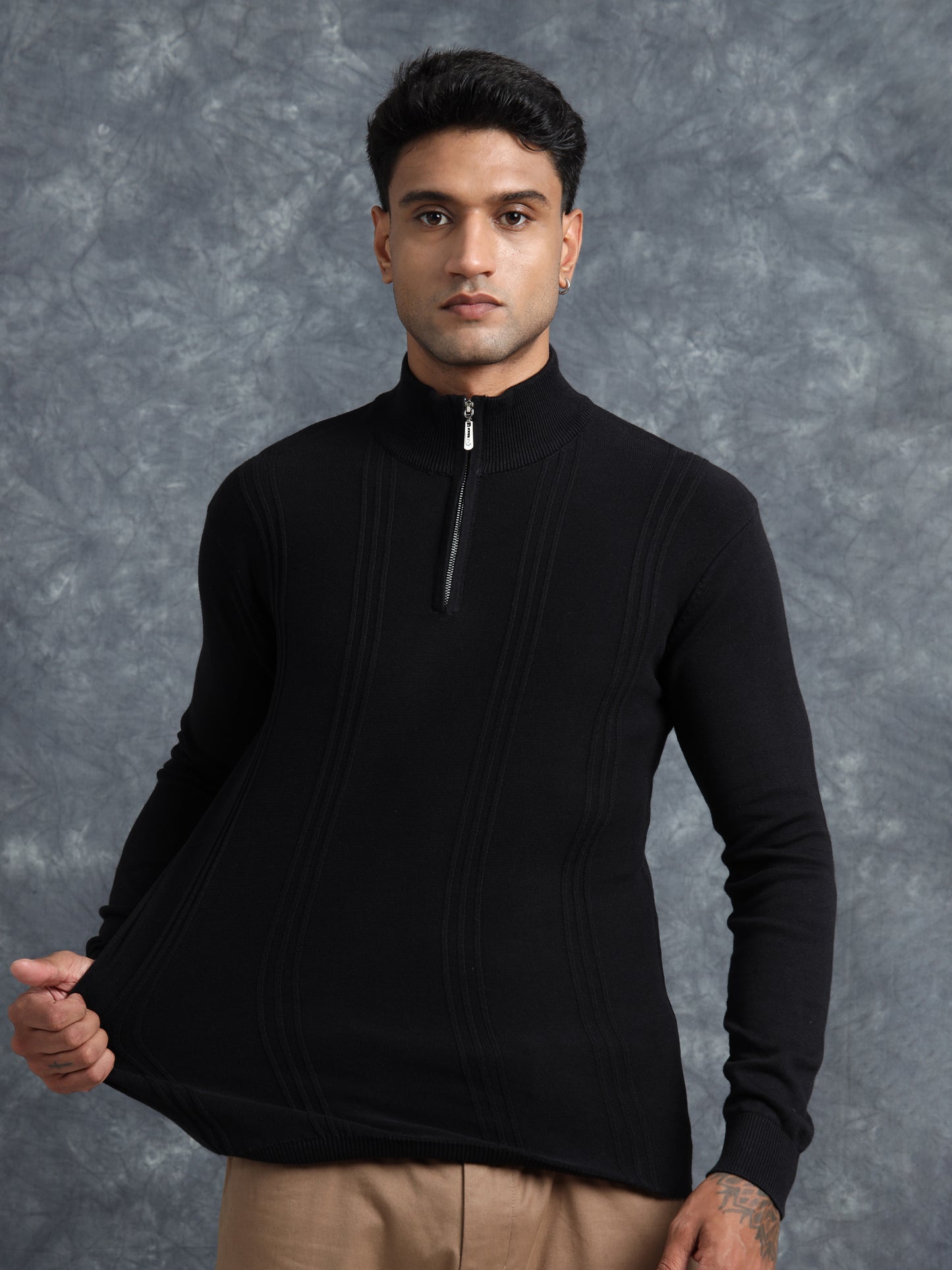 Black Zipper Full Sleeve Knitted T-Shirt