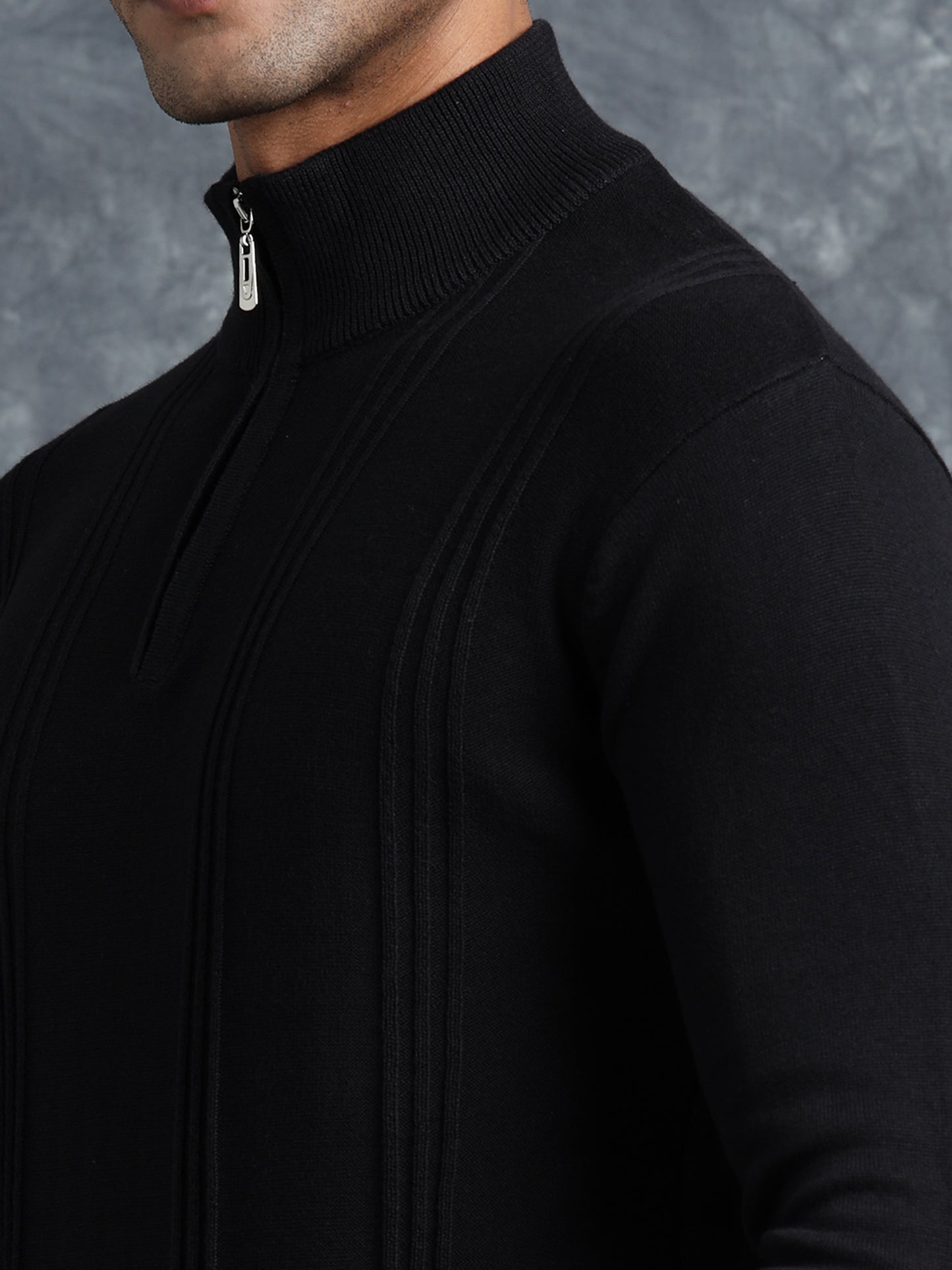 Black Zipper Full Sleeve Knitted T-Shirt