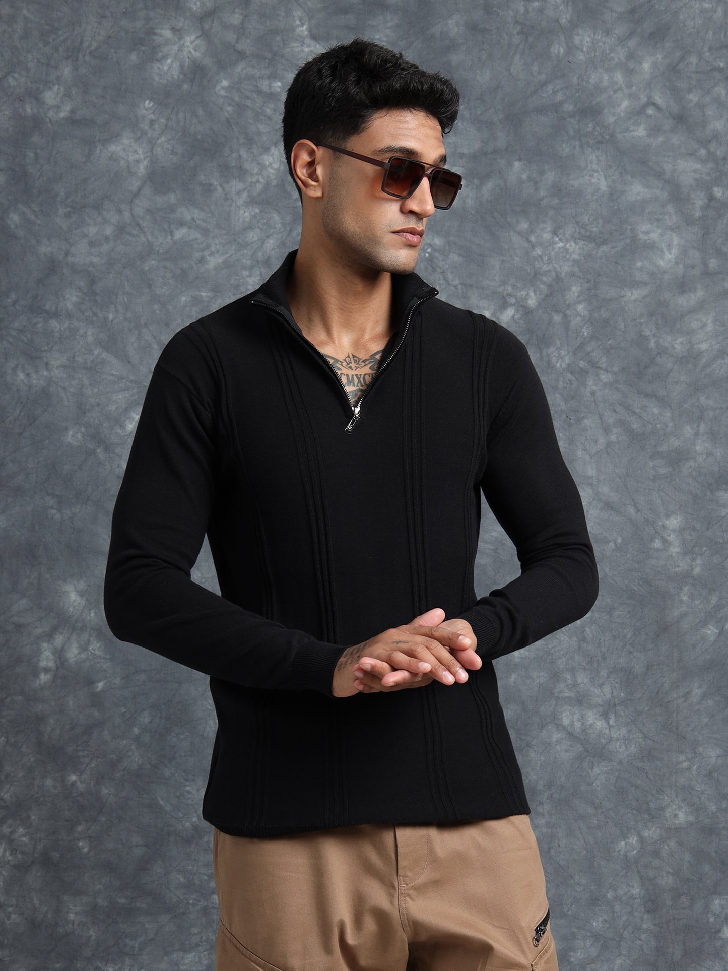 Black Zipper Full Sleeve Knitted T-Shirt