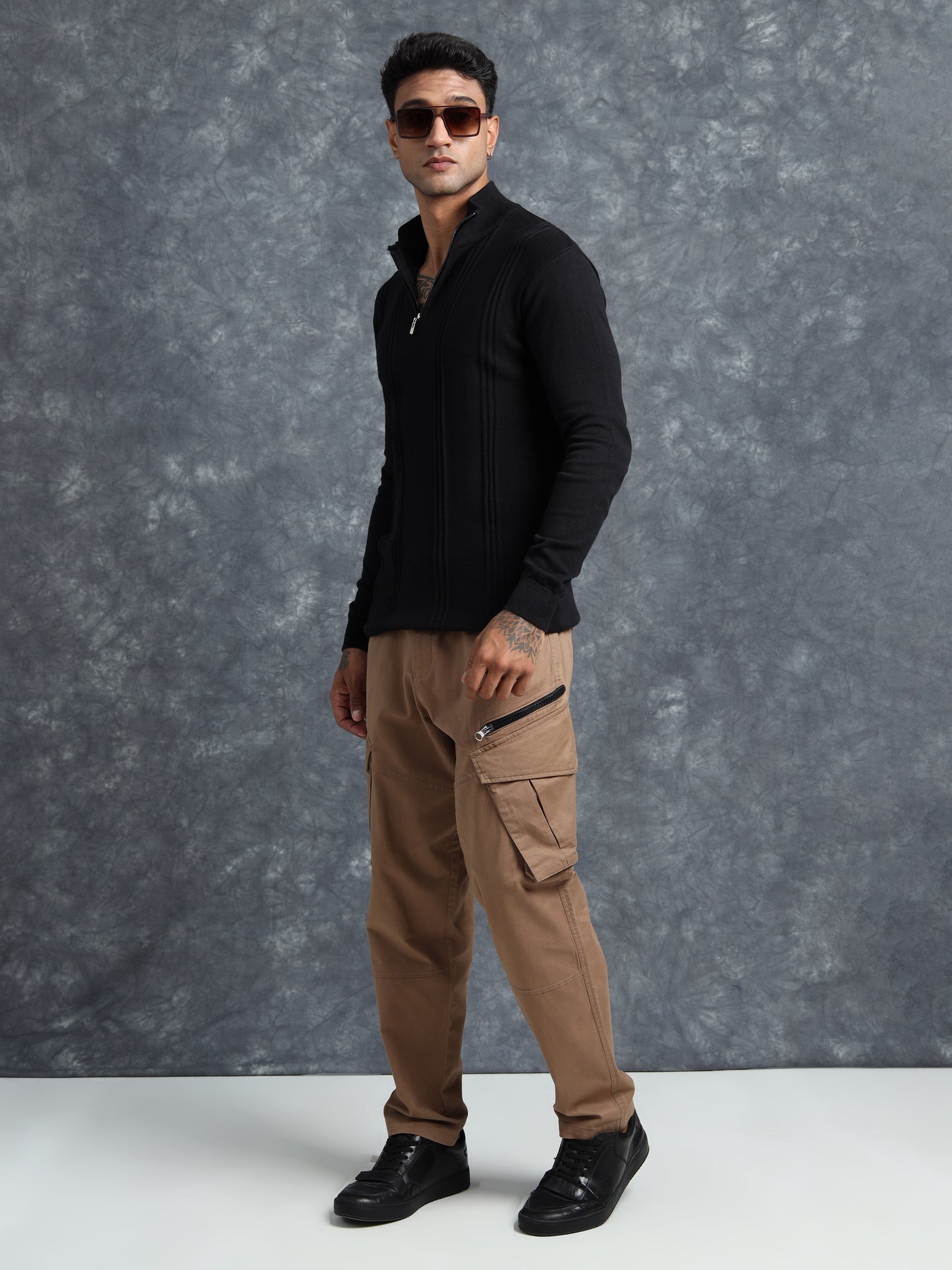 Black Zipper Full Sleeve Knitted T-Shirt