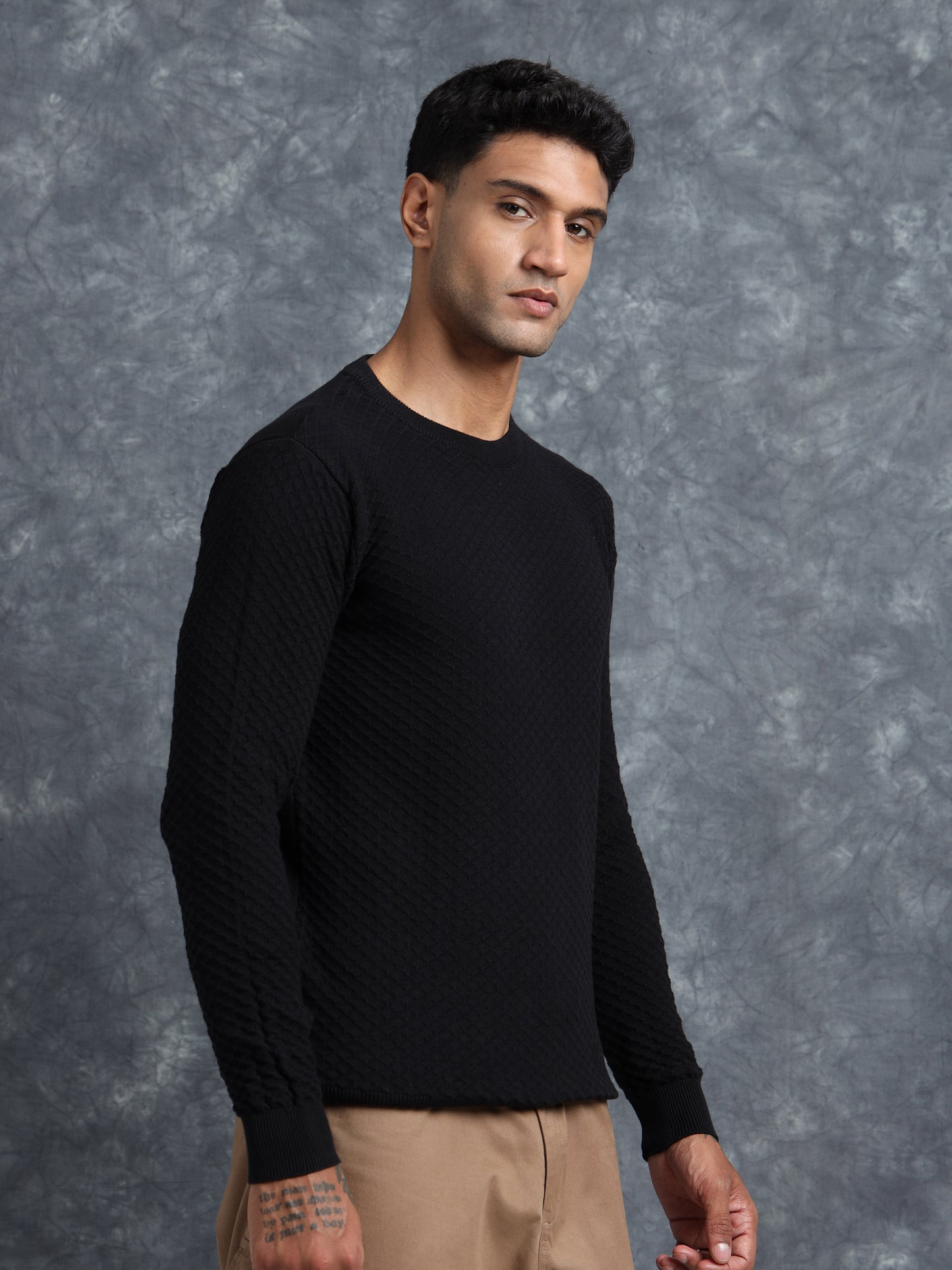 Raw Black Cotton Knitted Full Sleeve Knitted T-Shirt
