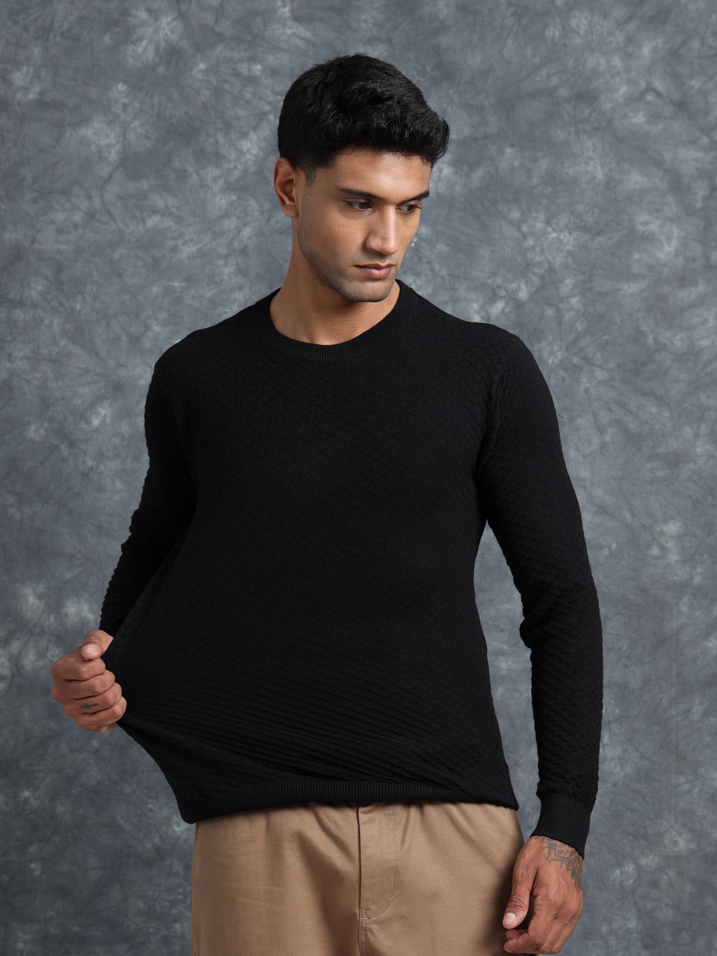 Raw Black Cotton Knitted Full Sleeve Knitted T-Shirt
