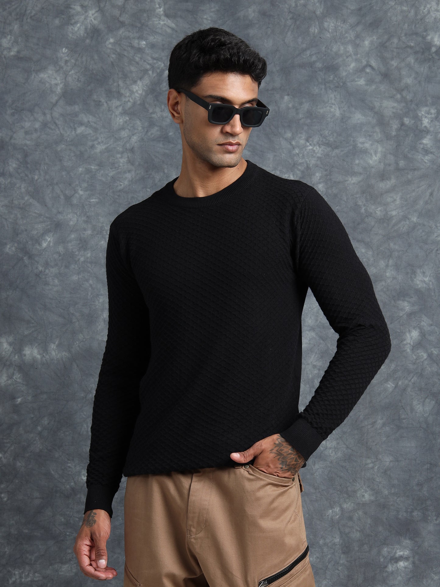 Raw Black Cotton Knitted Full Sleeve Knitted T-Shirt
