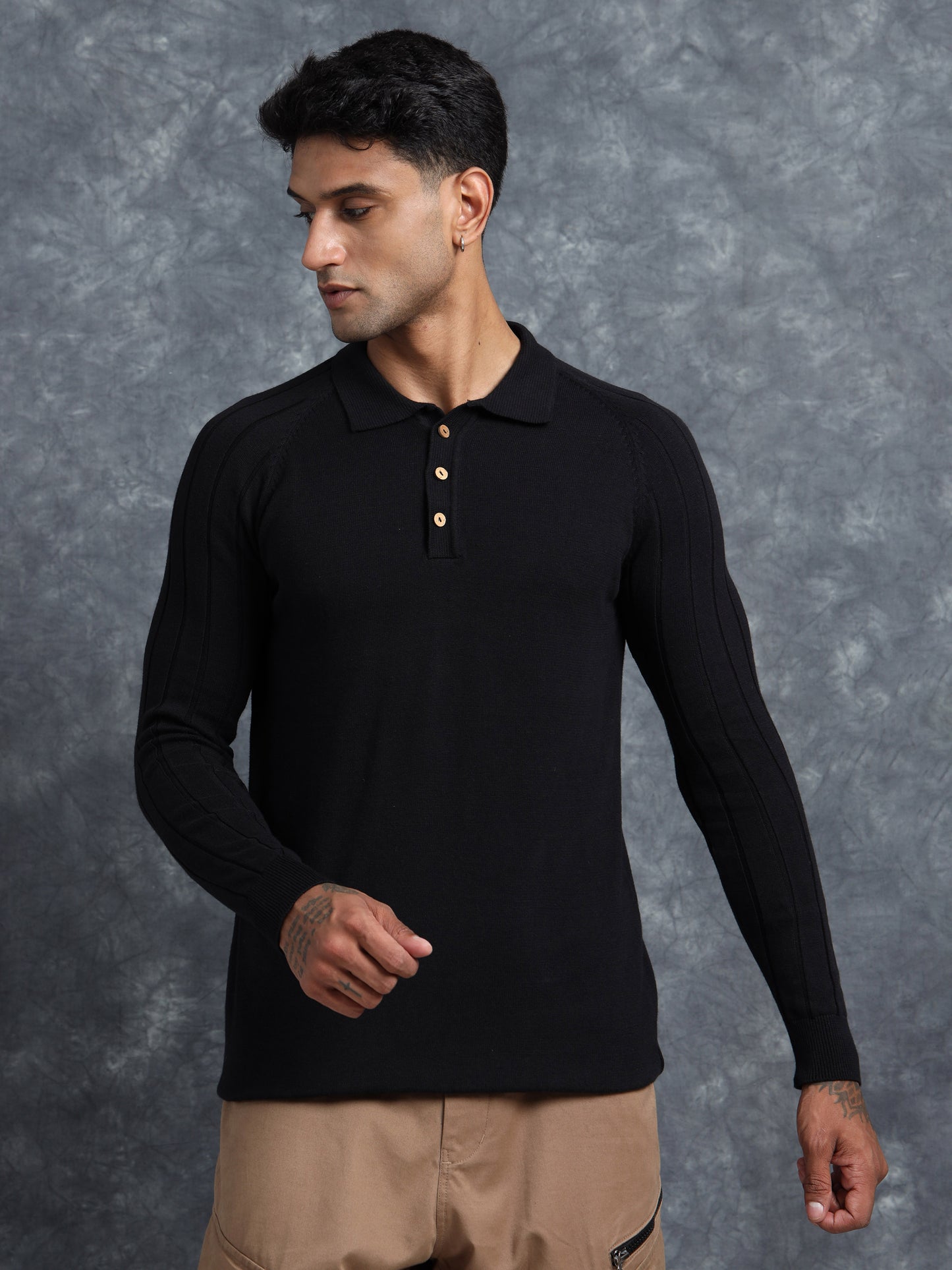 Black Cotton Knitted Polo Full Sleeve Knitted T-Shirt
