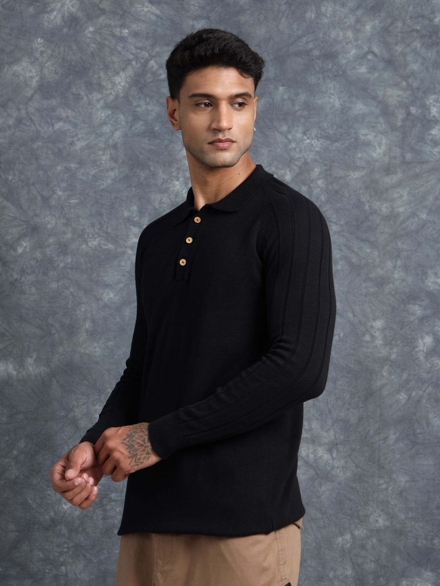 Black Cotton Knitted Polo Full Sleeve Knitted T-Shirt