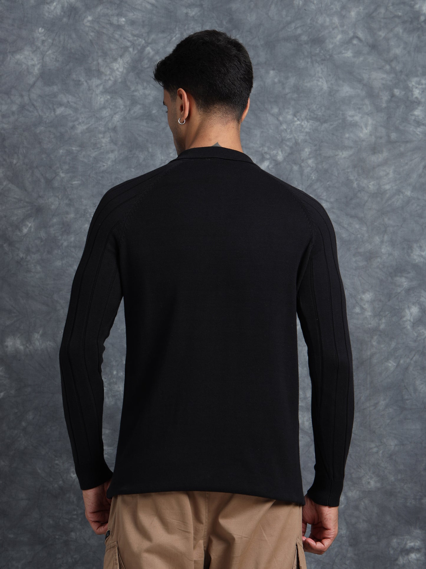 Black Cotton Knitted Polo Full Sleeve Knitted T-Shirt