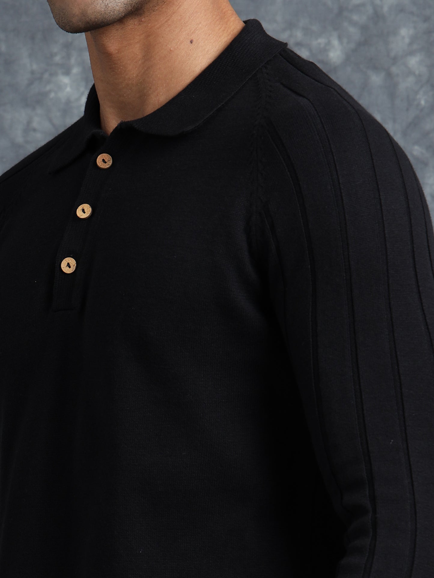 Black Cotton Knitted Polo Full Sleeve Knitted T-Shirt
