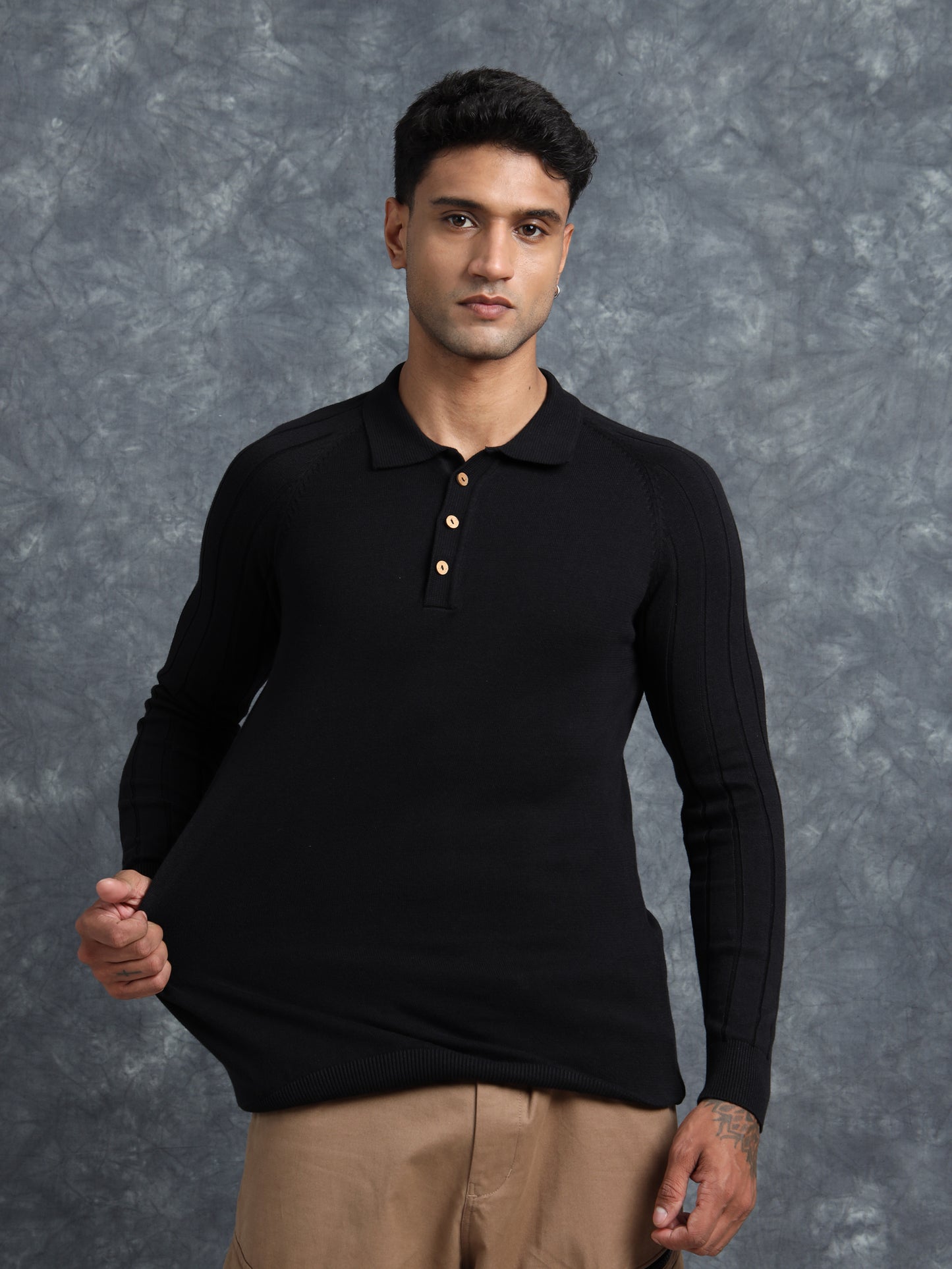 Black Cotton Knitted Polo Full Sleeve Knitted T-Shirt