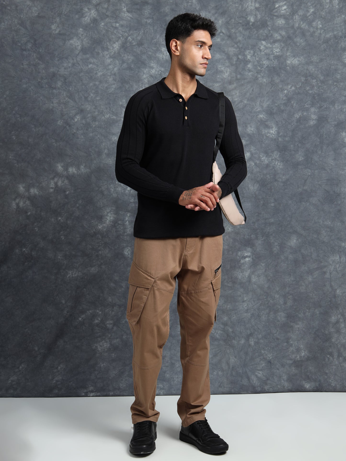 Black Cotton Knitted Polo Full Sleeve Knitted T-Shirt