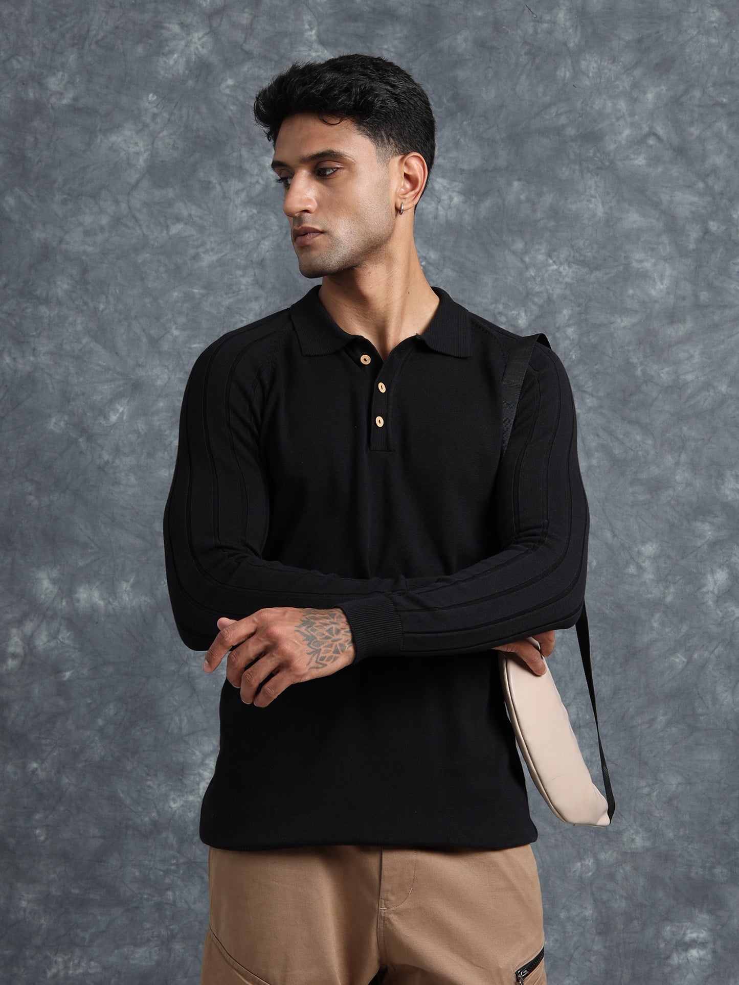 Black Cotton Knitted Polo Full Sleeve Knitted T-Shirt