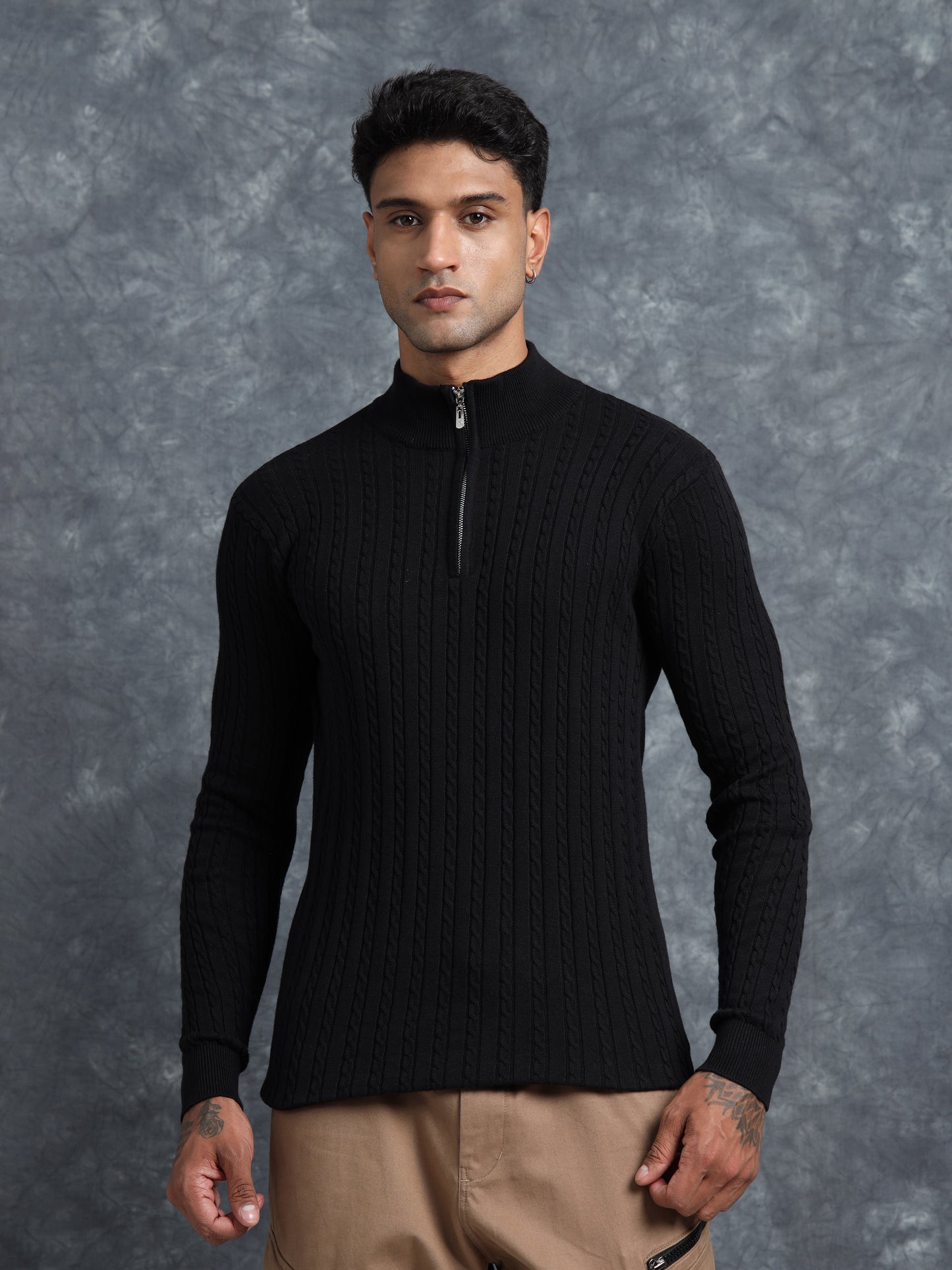 Black Cotton Knitted Turtle Neck Full Sleeve Knitted T-Shirt