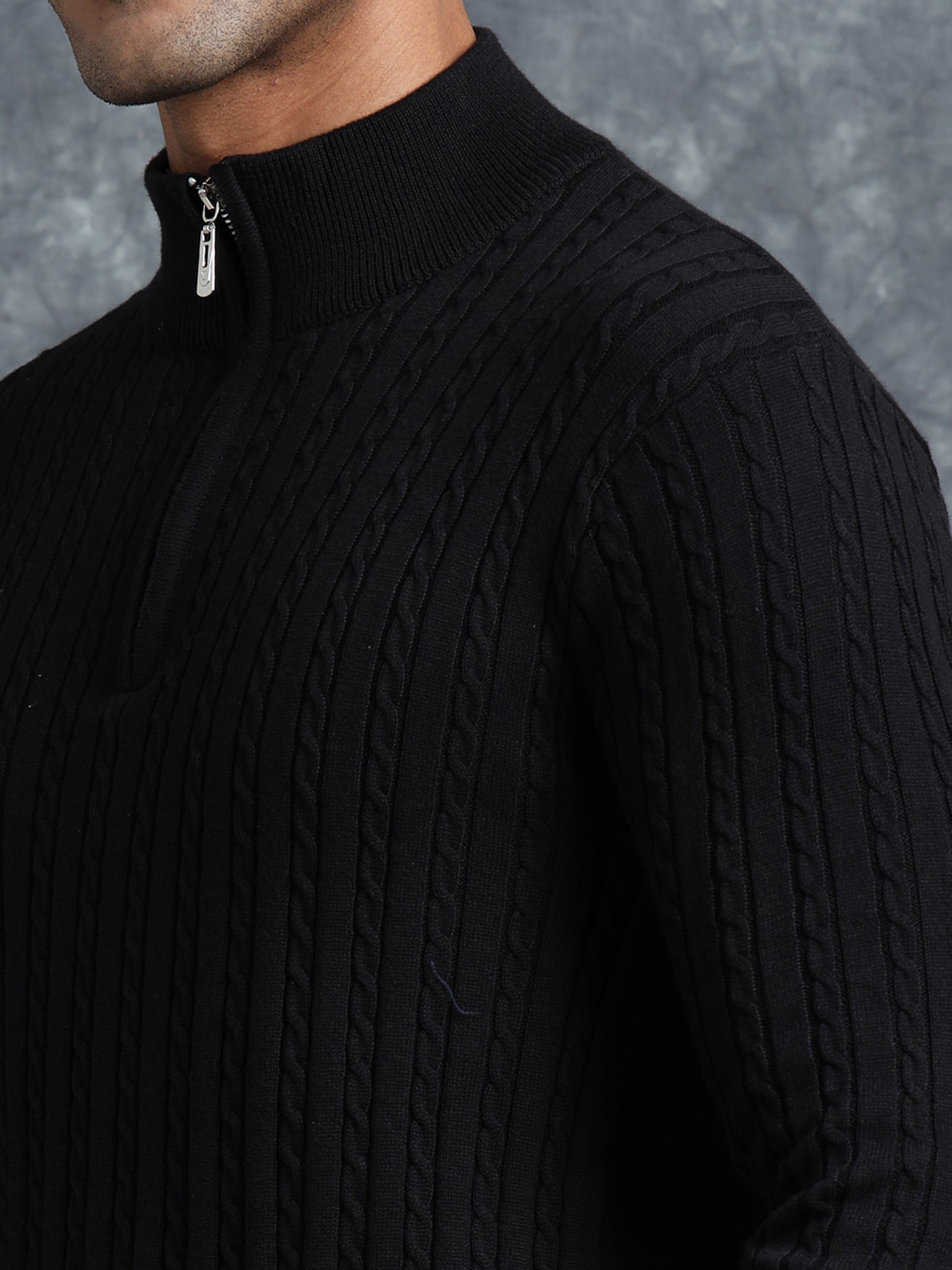 Black Cotton Knitted Turtle Neck Full Sleeve Knitted T-Shirt