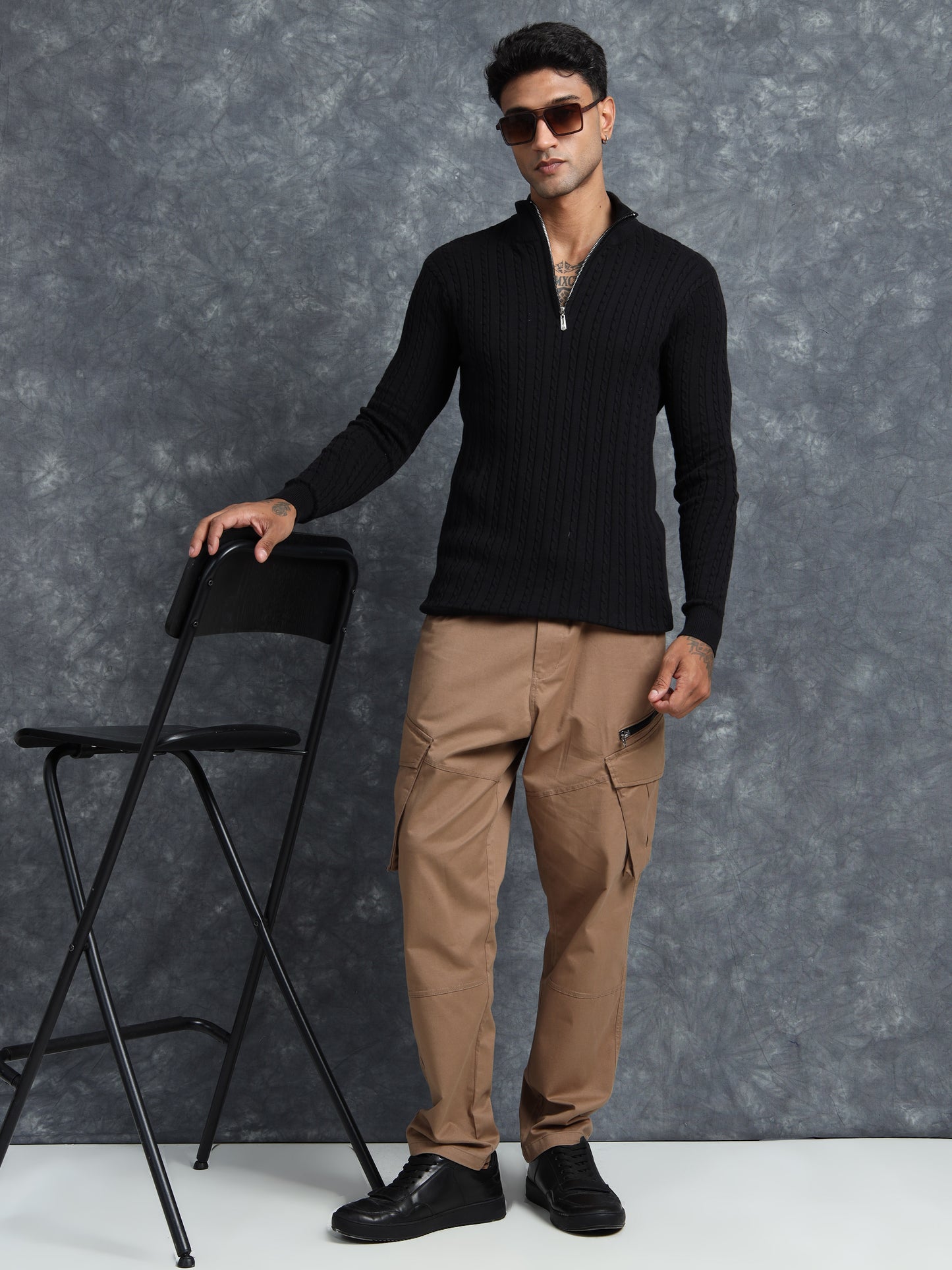 Black Cotton Knitted Turtle Neck Full Sleeve Knitted T-Shirt