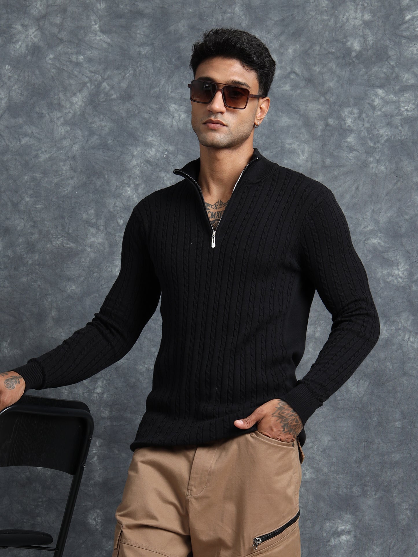 Black Cotton Knitted Turtle Neck Full Sleeve Knitted T-Shirt