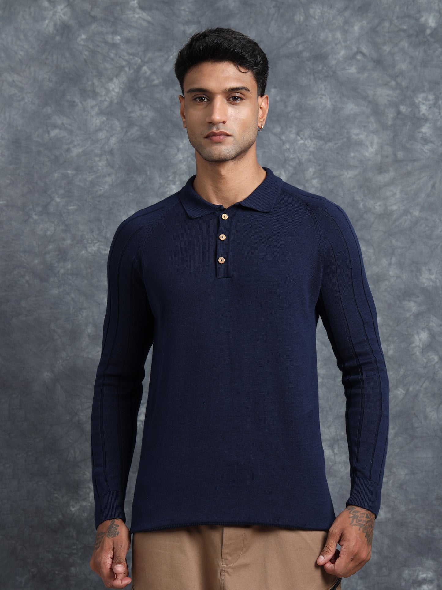 Navy Cotton Knitted Polo Neck Full Sleeve Knitted T-Shirt
