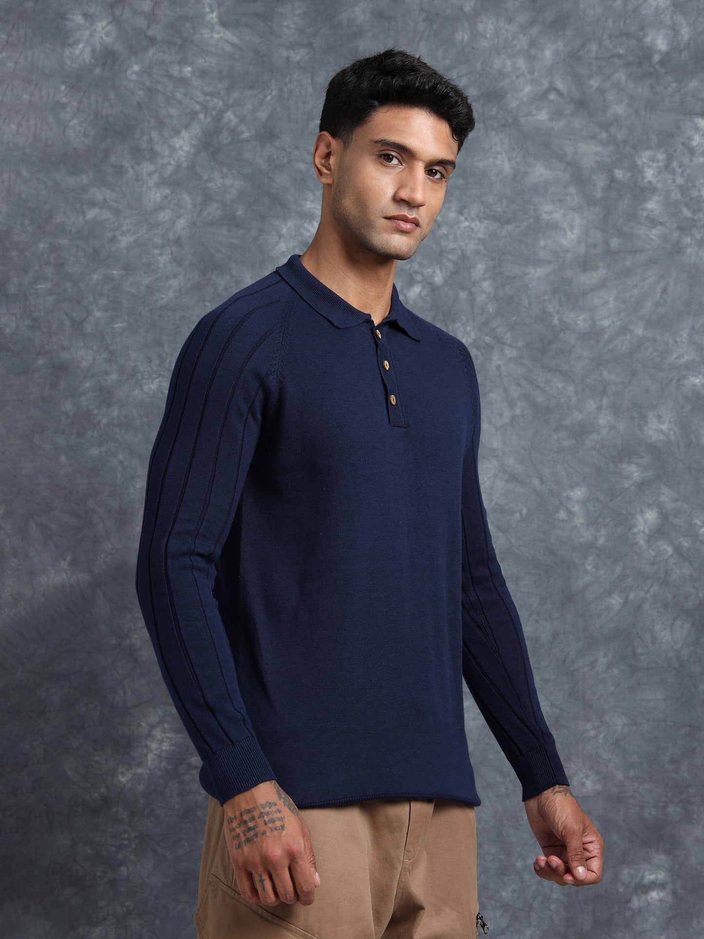 Navy Cotton Knitted Polo Neck Full Sleeve Knitted T-Shirt