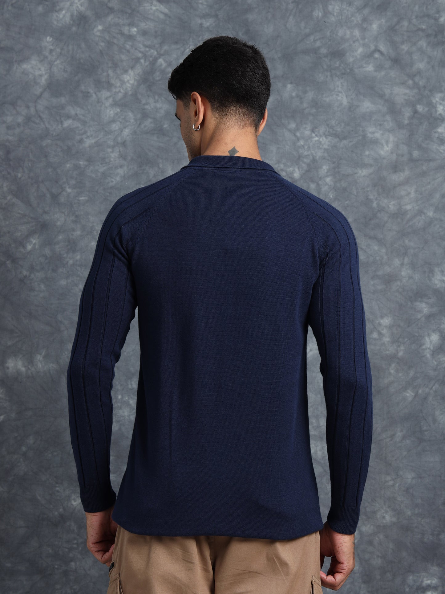 Navy Cotton Knitted Polo Neck Full Sleeve Knitted T-Shirt