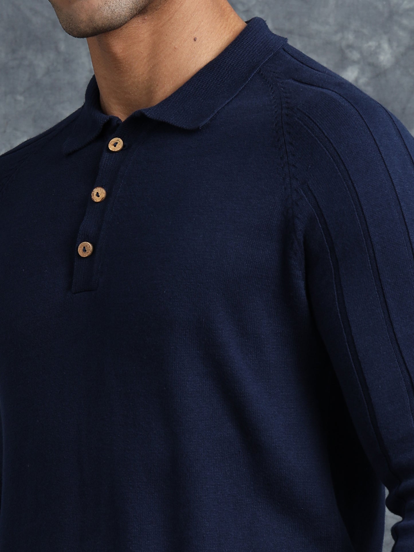Navy Cotton Knitted Polo Neck Full Sleeve Knitted T-Shirt