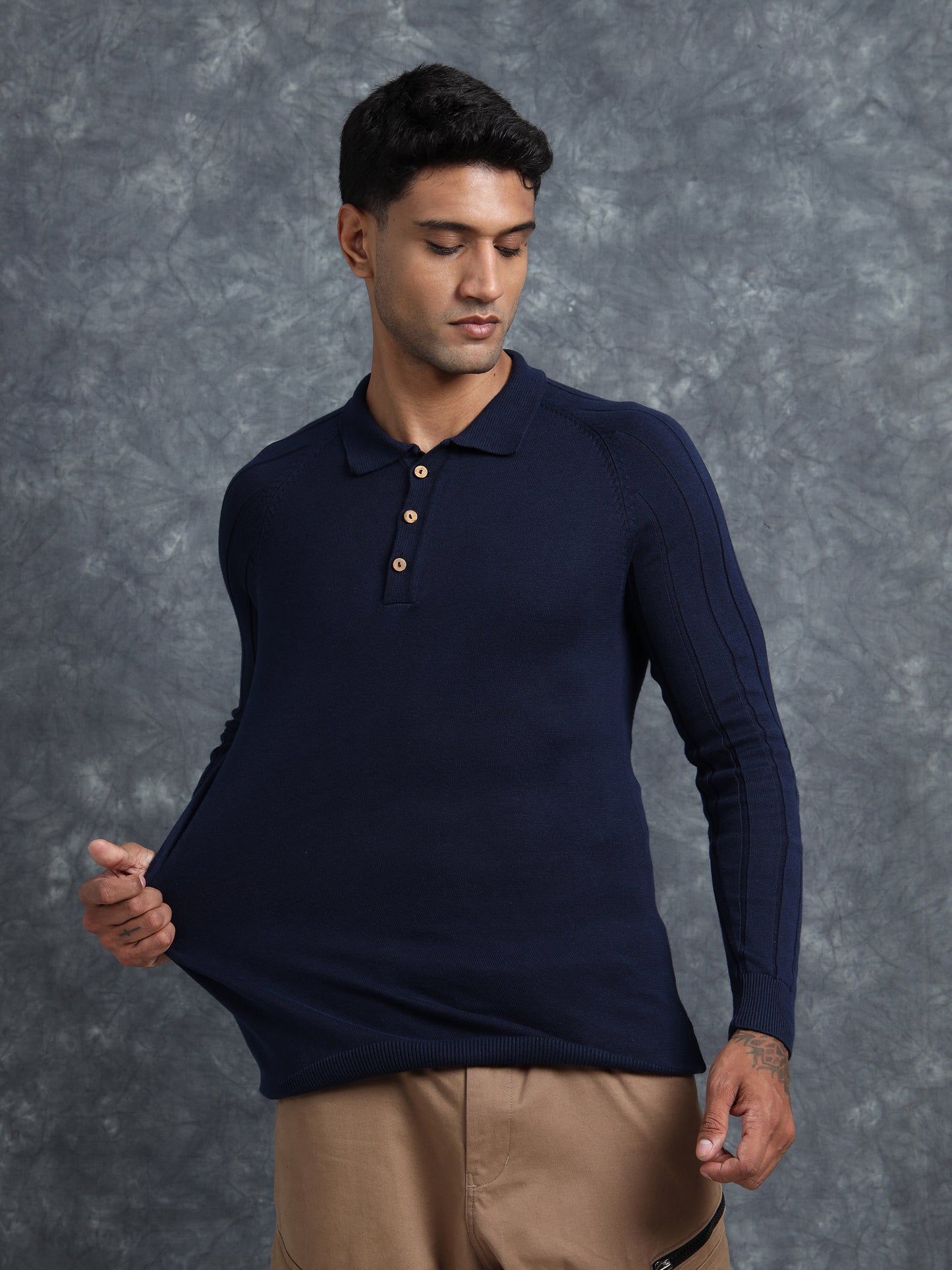 Navy Cotton Knitted Polo Neck Full Sleeve Knitted T-Shirt