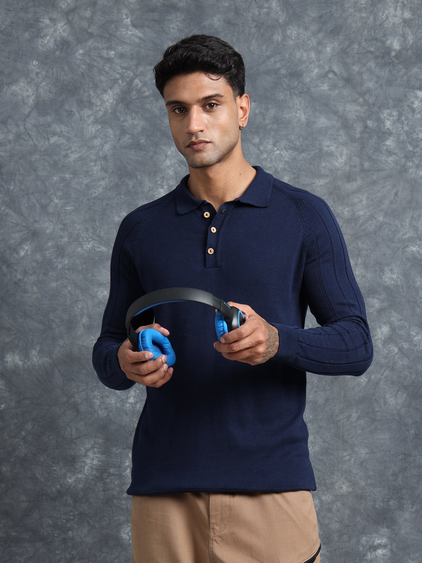 Navy Cotton Knitted Polo Neck Full Sleeve Knitted T-Shirt