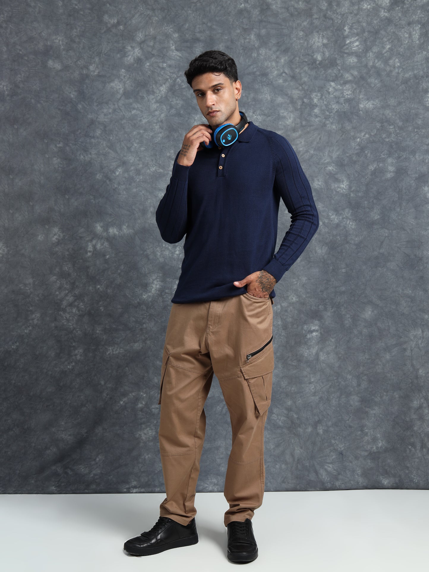 Navy Cotton Knitted Polo Neck Full Sleeve Knitted T-Shirt