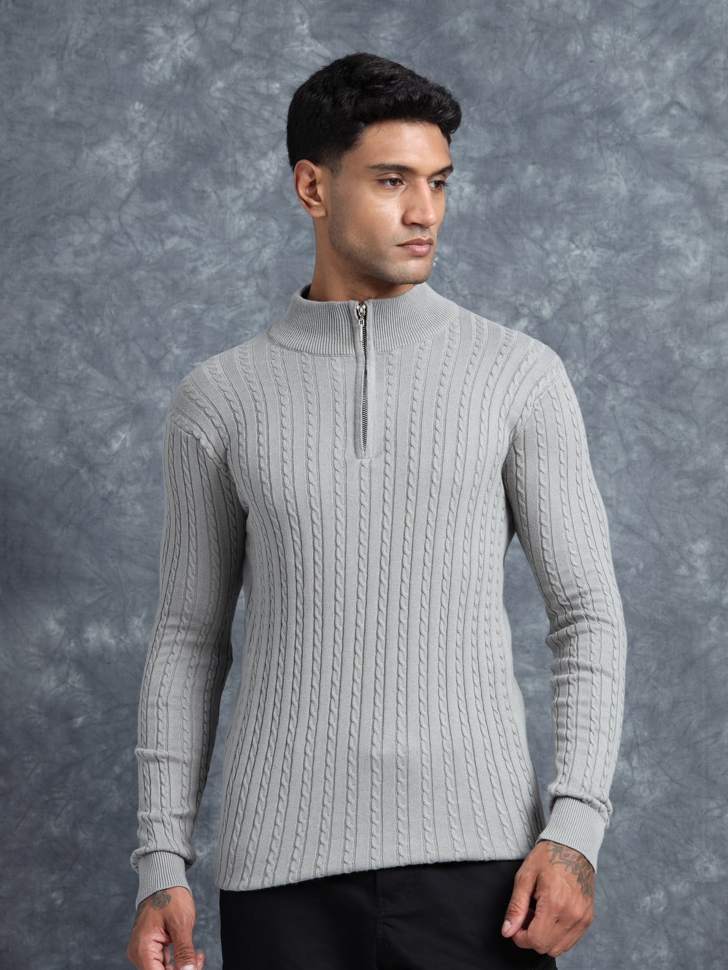 Grey Zipper Turtle Neck Full Sleeve Knitted T-Shirt