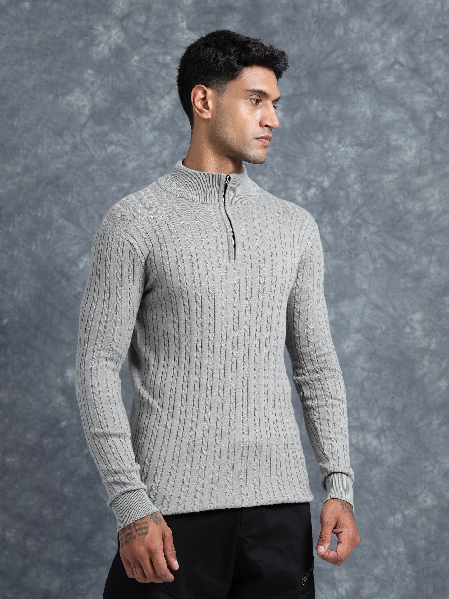 Grey Zipper Turtle Neck Full Sleeve Knitted T-Shirt