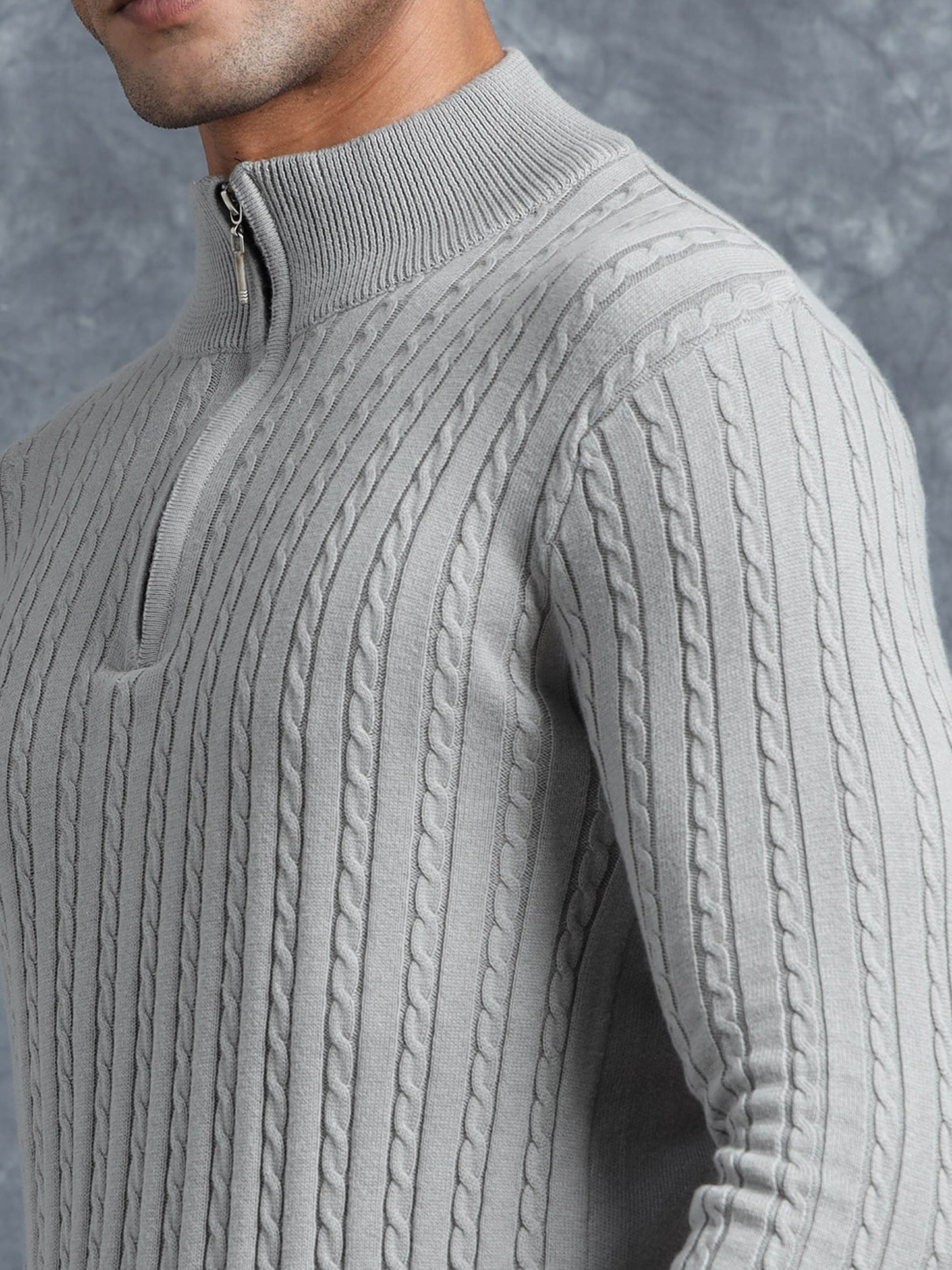 Grey Zipper Turtle Neck Full Sleeve Knitted T-Shirt