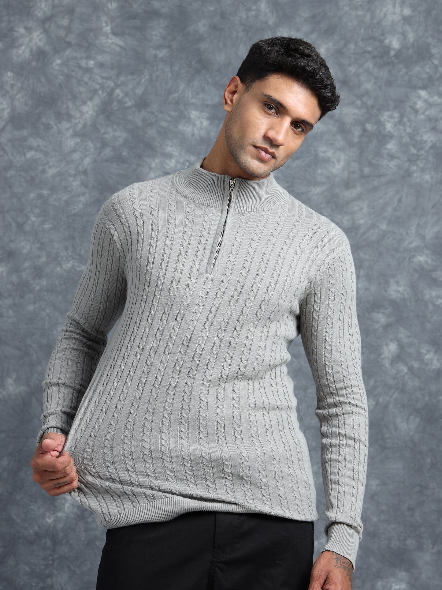 Grey Zipper Turtle Neck Full Sleeve Knitted T-Shirt