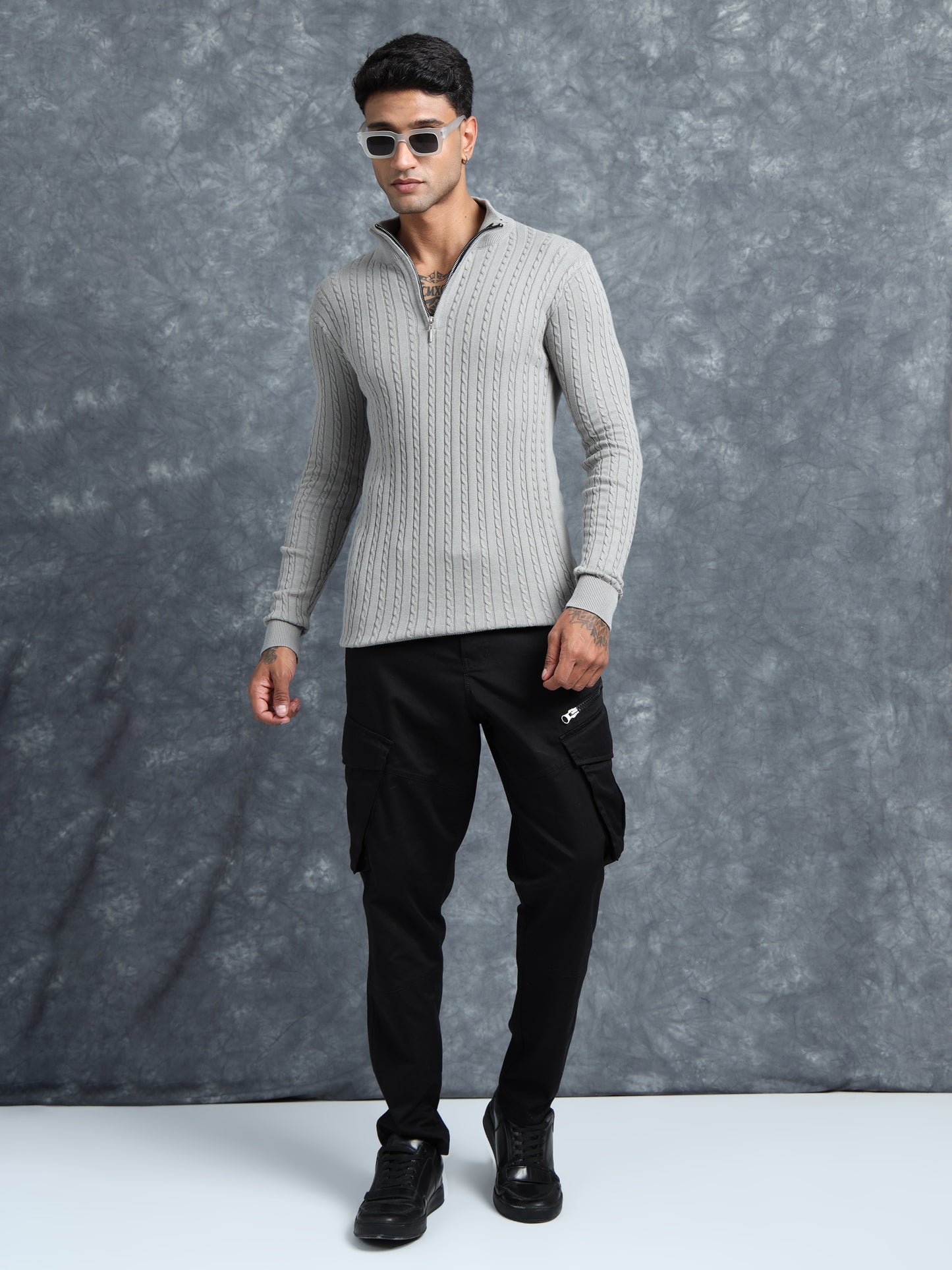 Grey Zipper Turtle Neck Full Sleeve Knitted T-Shirt