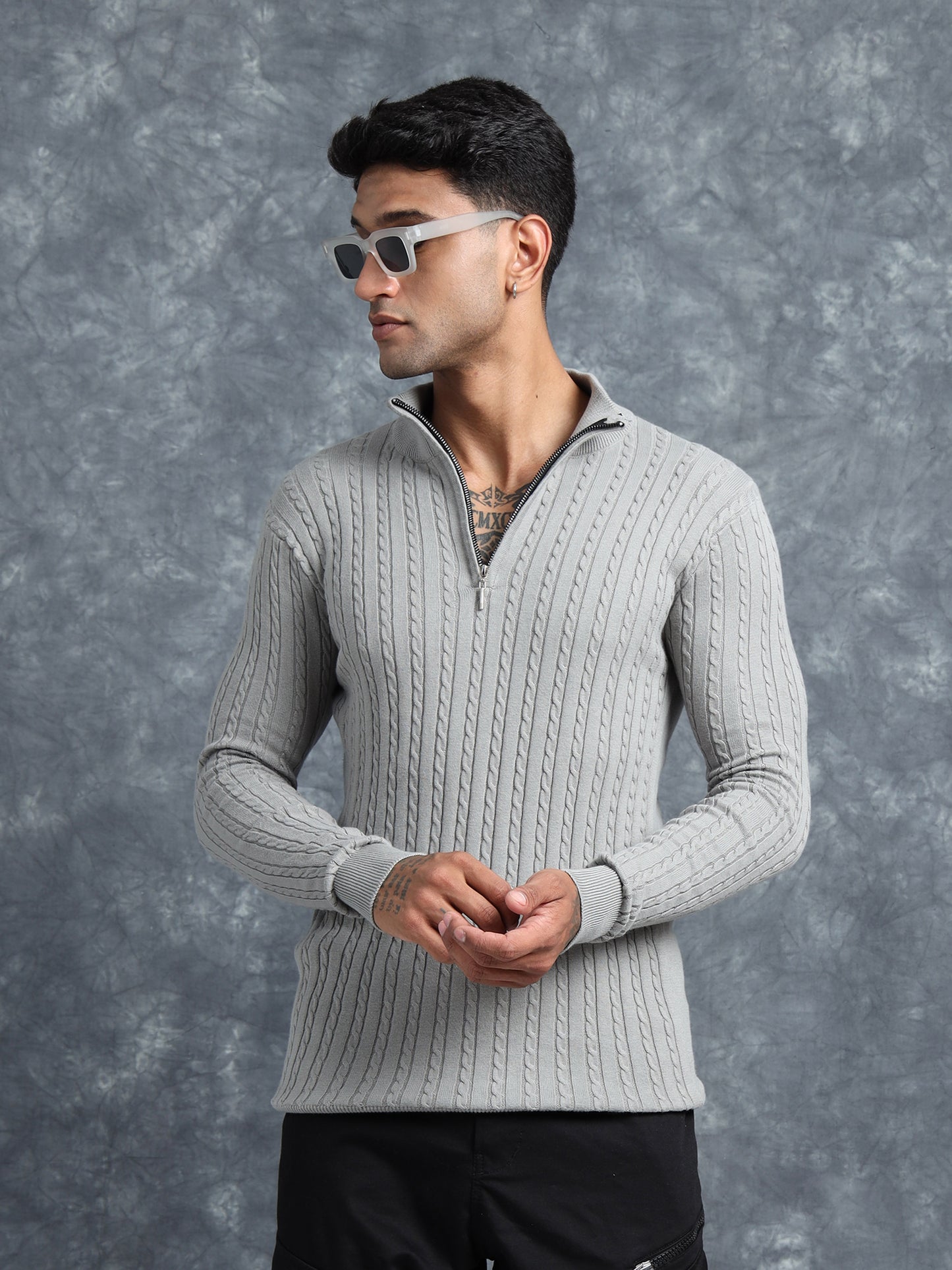 Grey Zipper Turtle Neck Full Sleeve Knitted T-Shirt