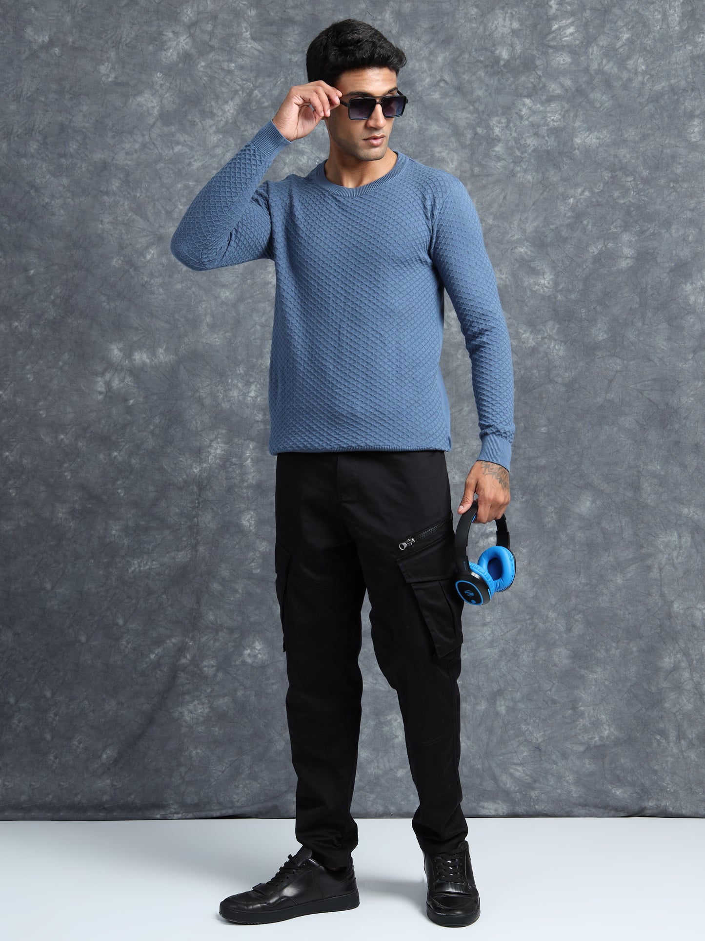 Royal Blue Cotton Knitted Full Sleeve Knitted T-Shirt