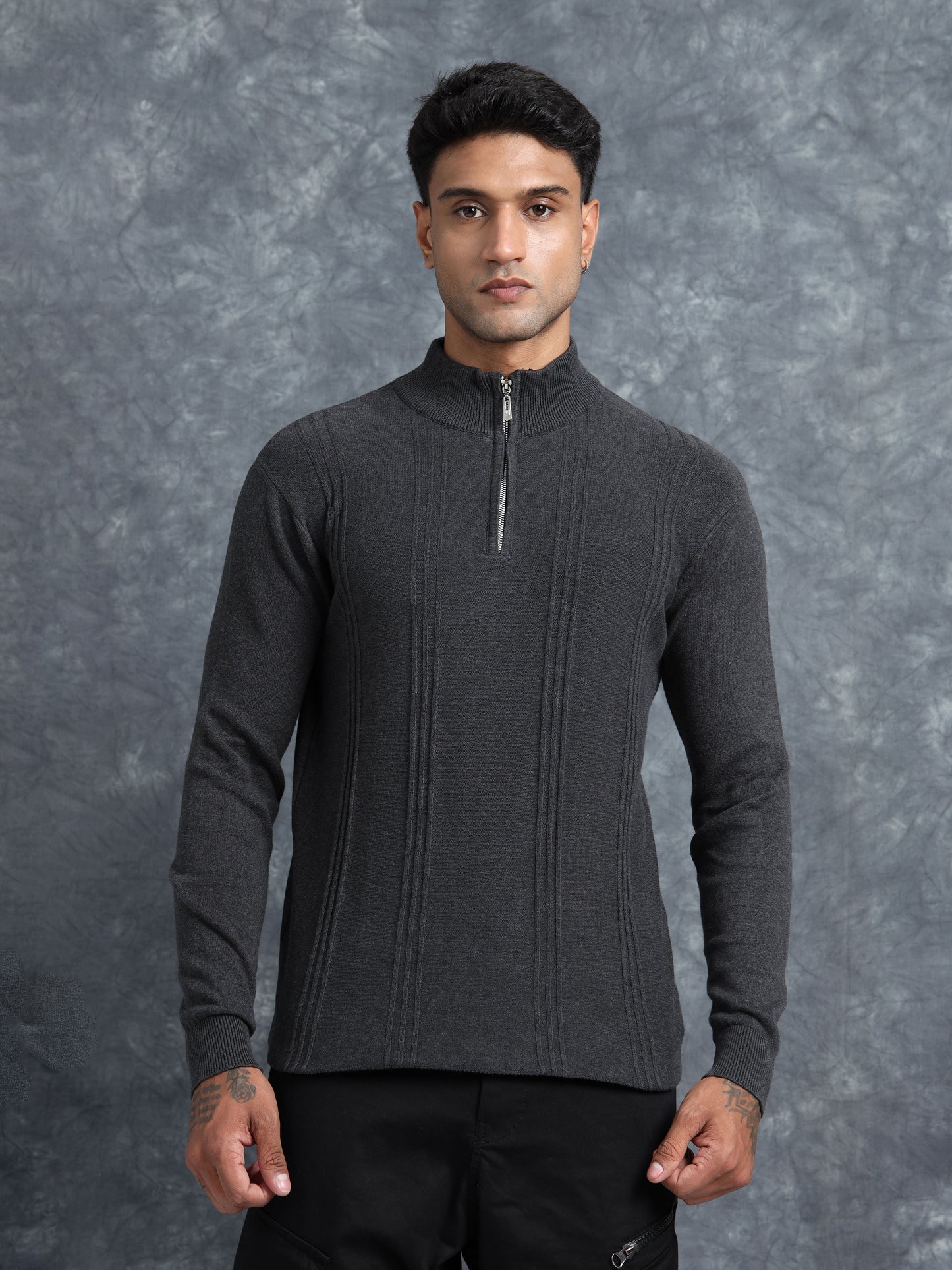 Charcoal Zipper Full Sleeve Knitted T-Shirt