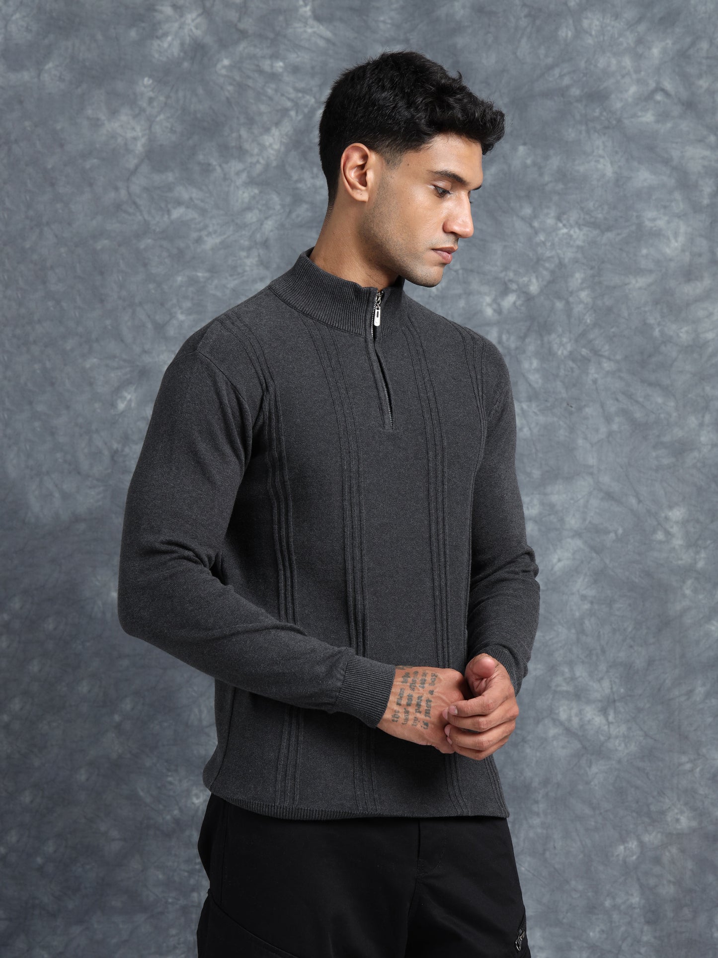 Charcoal Zipper Full Sleeve Knitted T-Shirt