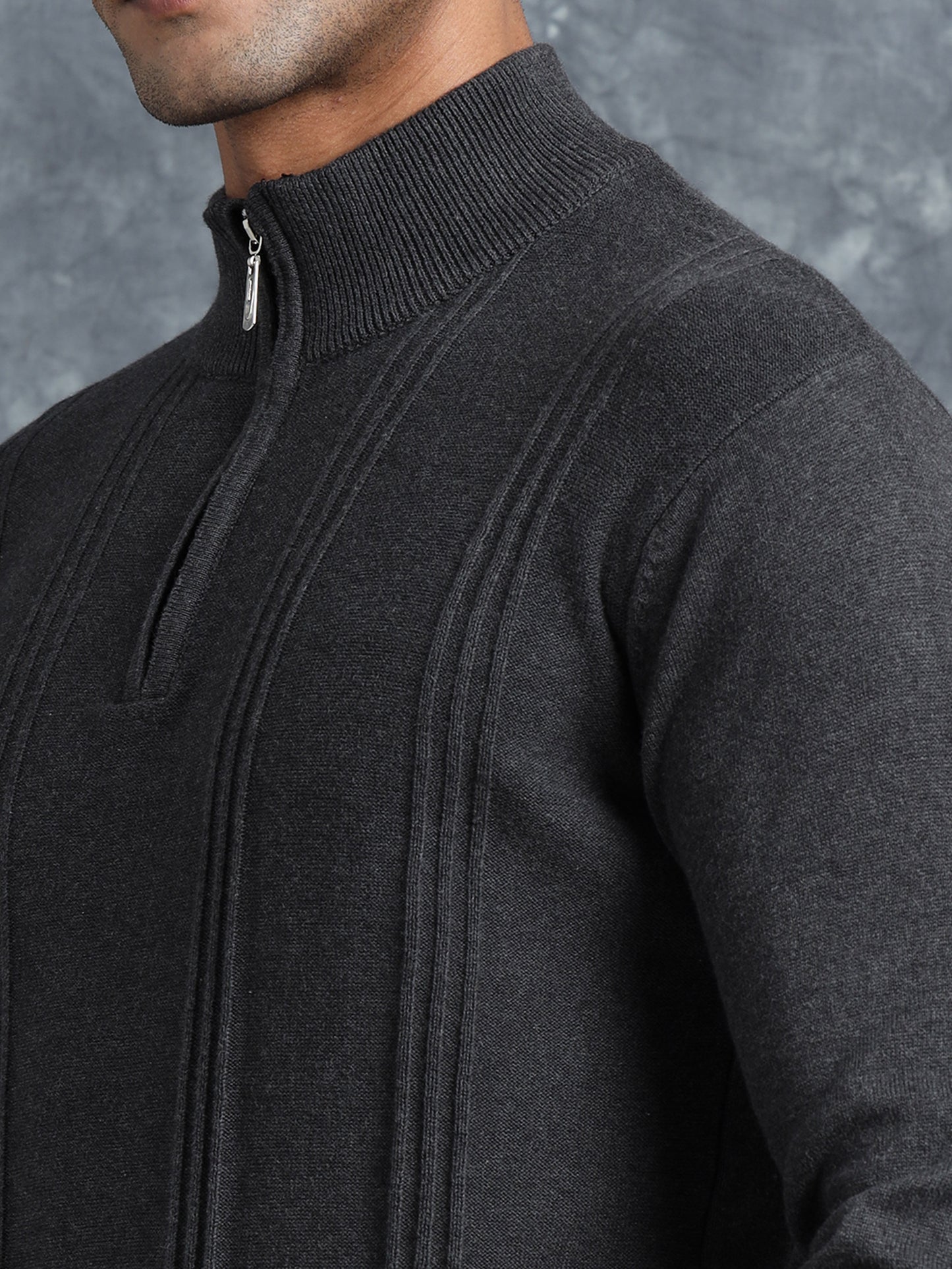 Charcoal Zipper Full Sleeve Knitted T-Shirt