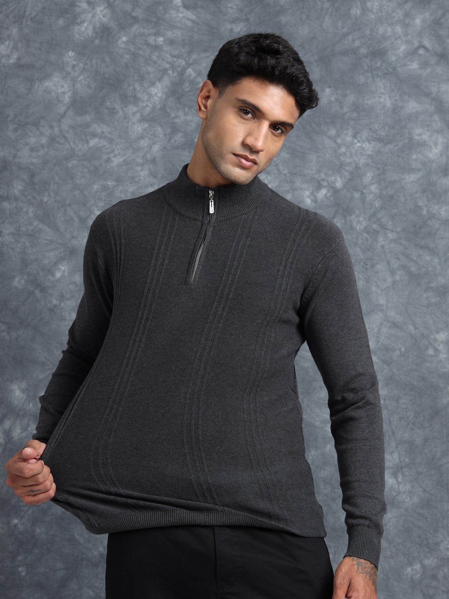 Charcoal Zipper Full Sleeve Knitted T-Shirt