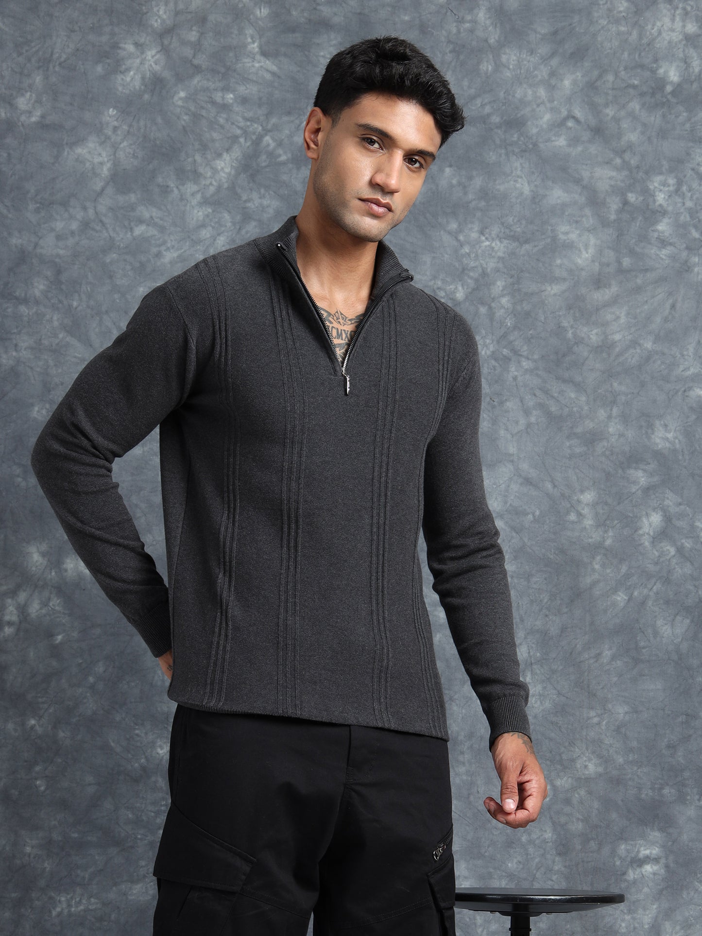 Charcoal Zipper Full Sleeve Knitted T-Shirt