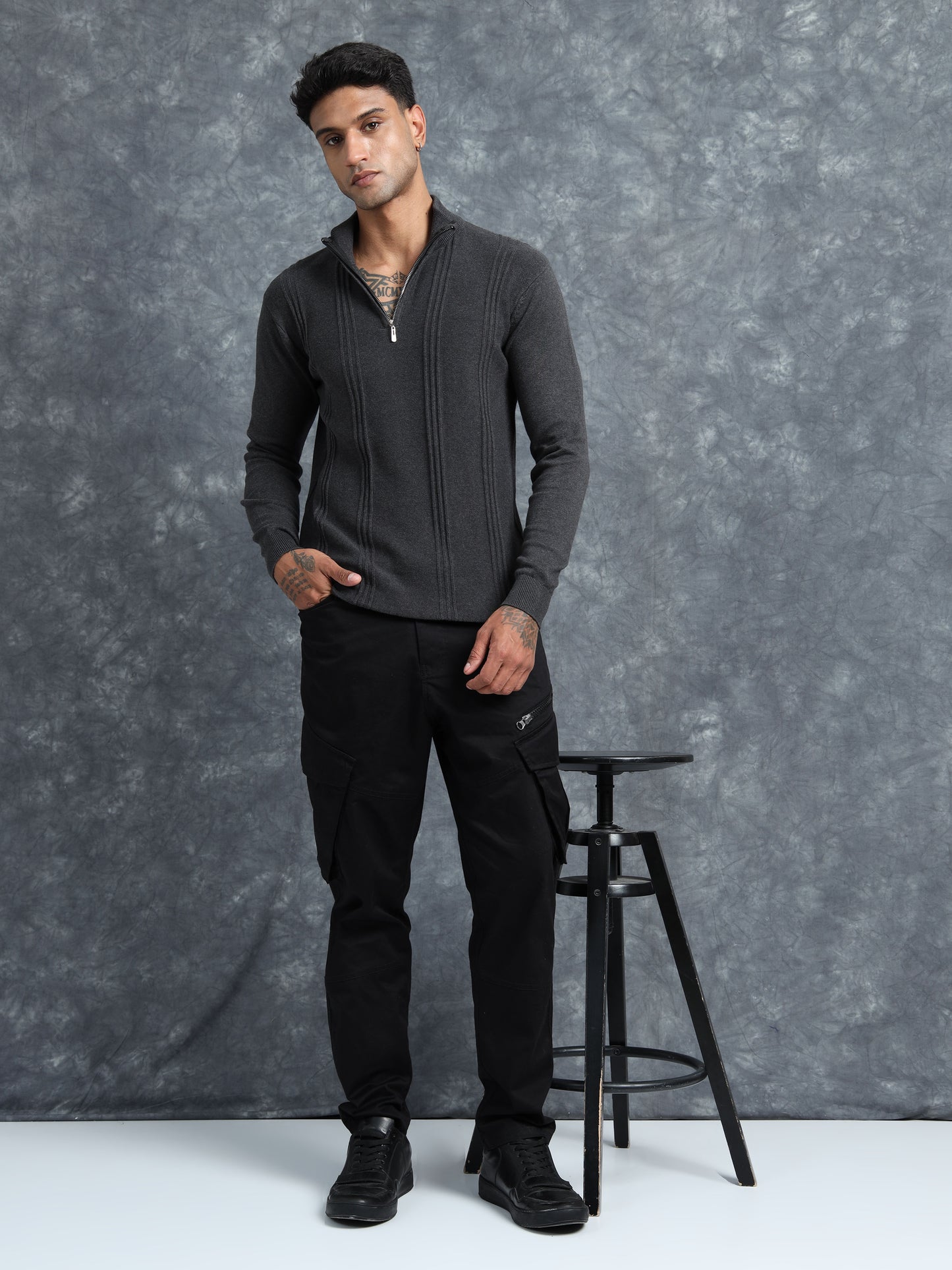 Charcoal Zipper Full Sleeve Knitted T-Shirt