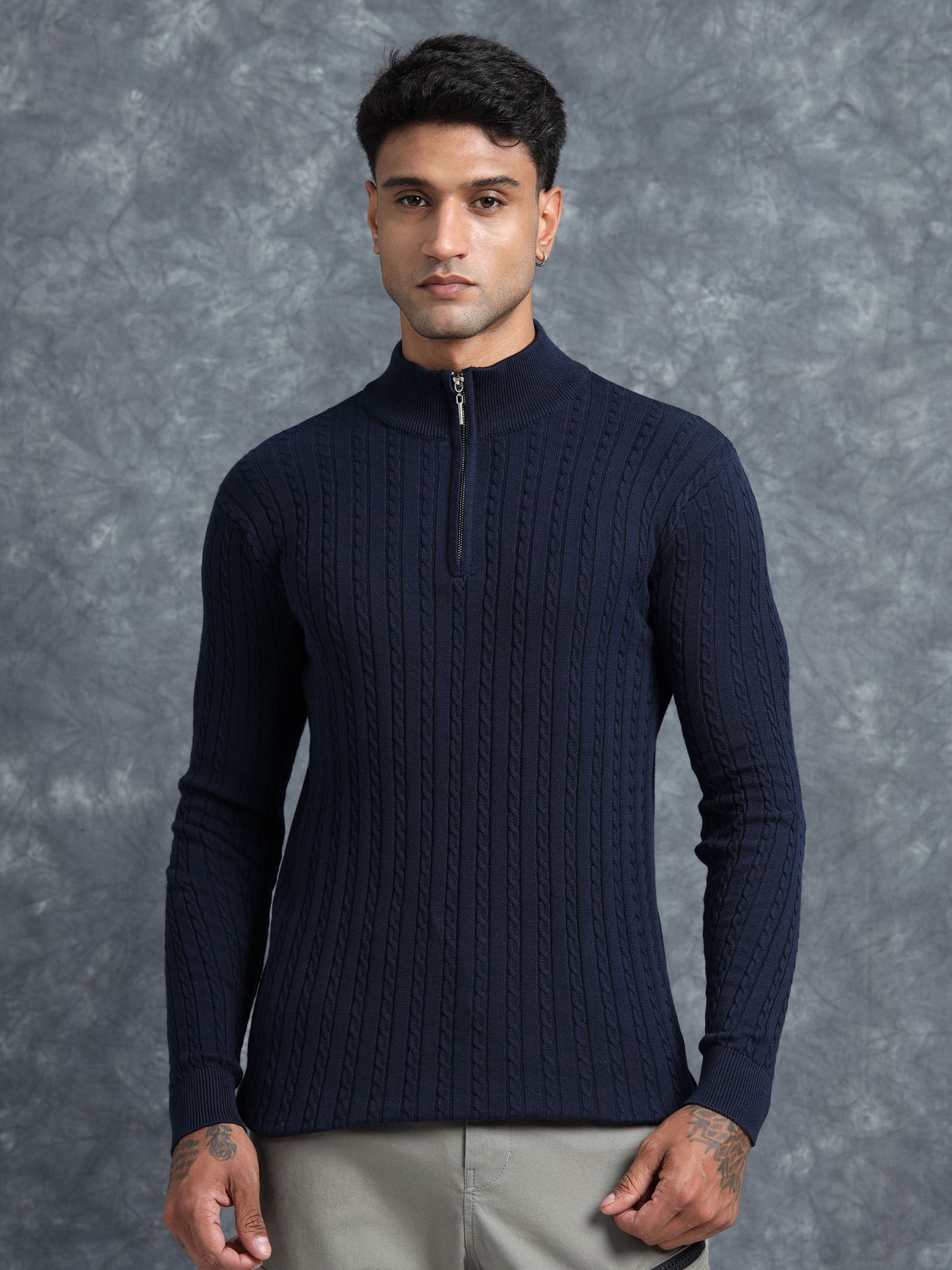 Blue Full Sleeve Zipper Knitted T-Shirt