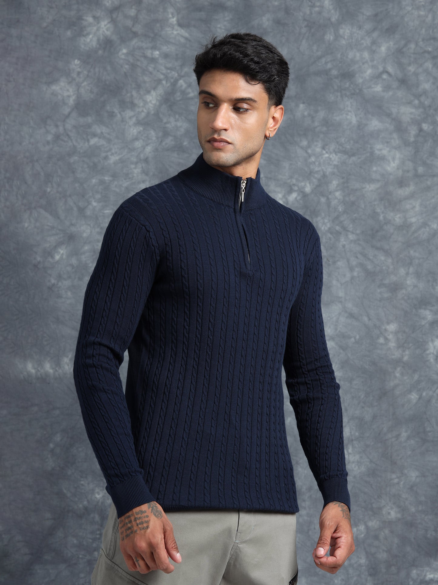 Blue Full Sleeve Zipper Knitted T-Shirt