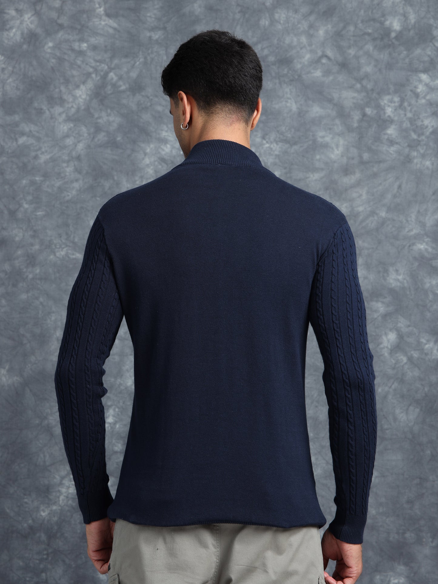 Blue Full Sleeve Zipper Knitted T-Shirt