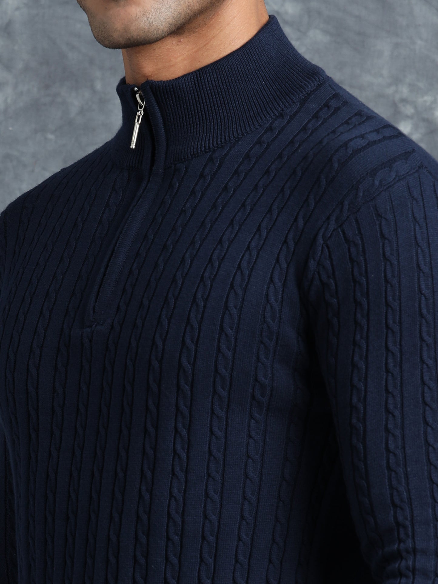 Blue Full Sleeve Zipper Knitted T-Shirt