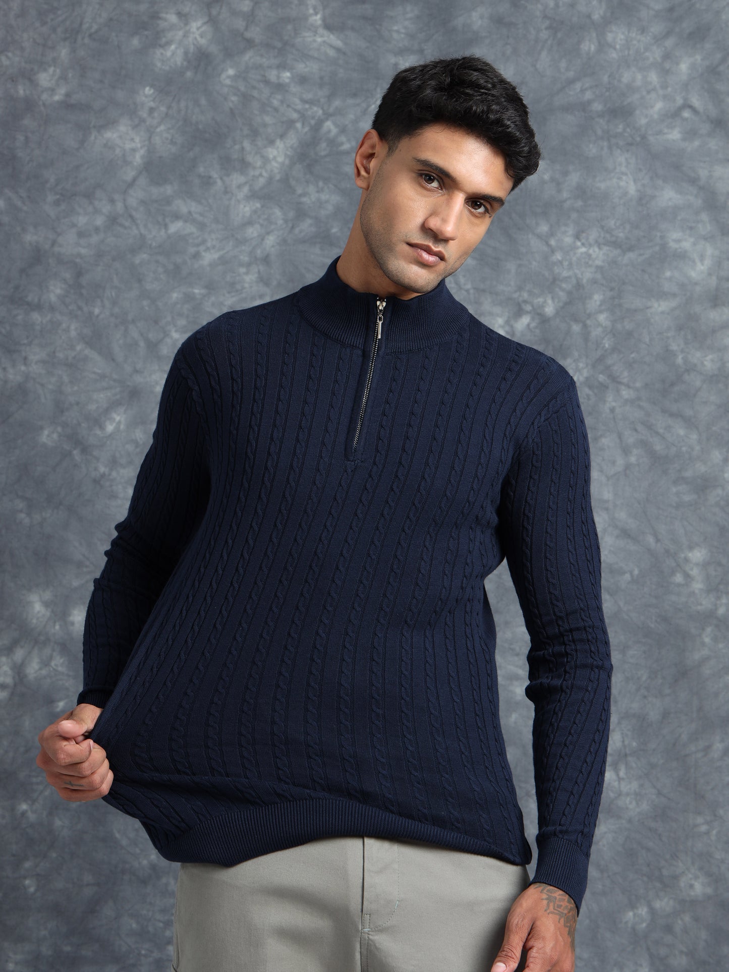 Blue Full Sleeve Zipper Knitted T-Shirt