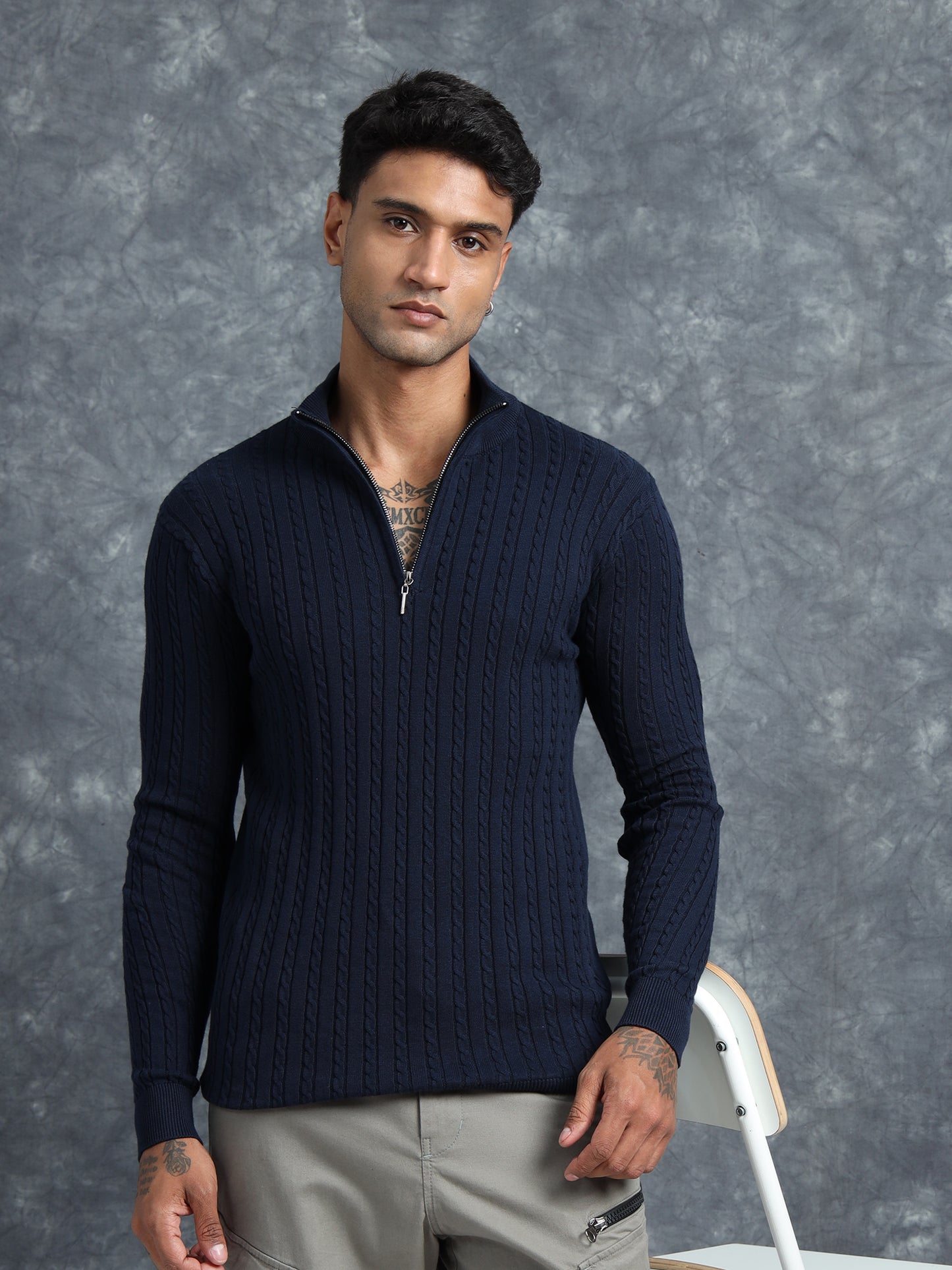 Blue Full Sleeve Zipper Knitted T-Shirt