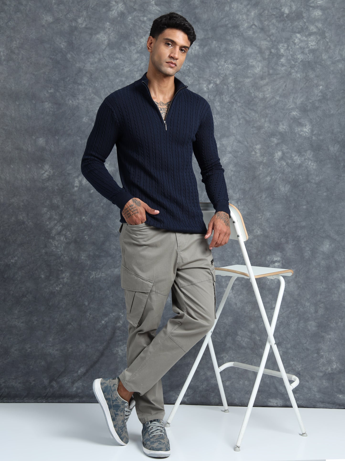 Blue Full Sleeve Zipper Knitted T-Shirt
