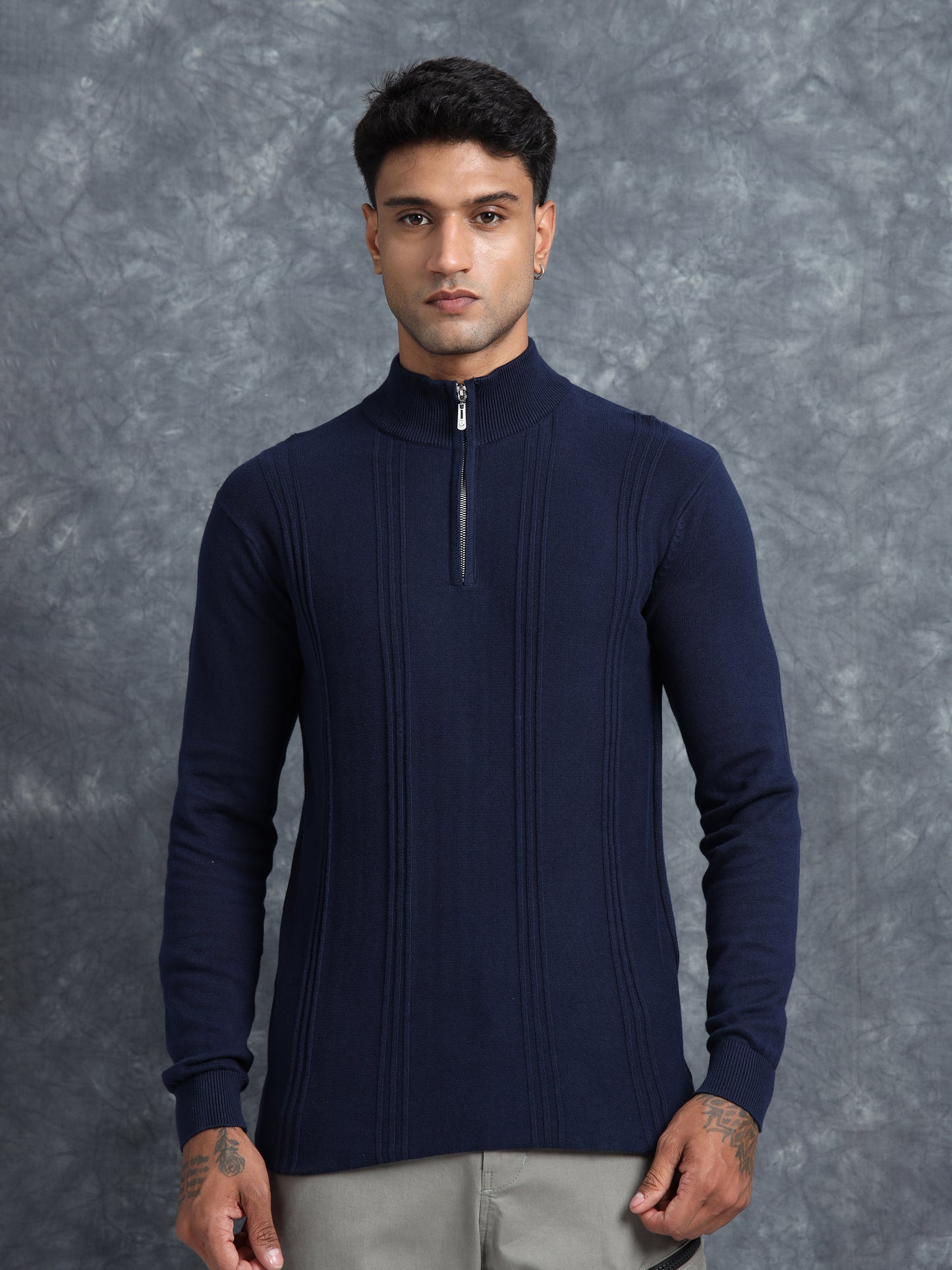 Midnight Blue Full Sleeve Zipper Knitted T-Shirt